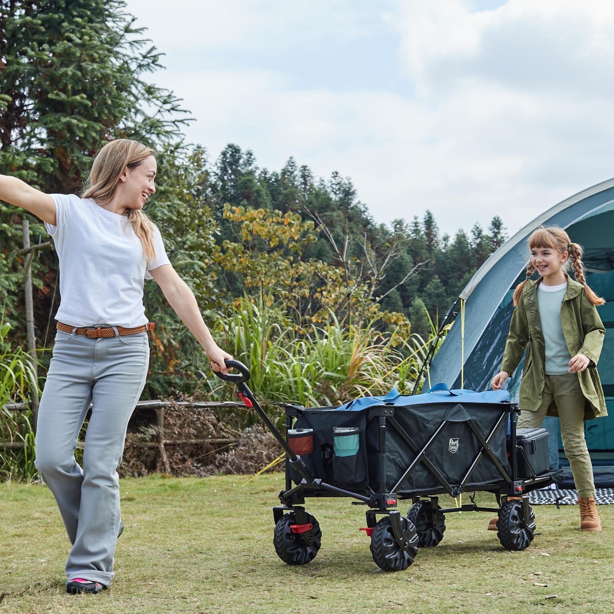 TIMBER RIDGE Chariot de Plage Pliable XXXL avec Hayon 135 kg Chariot de Festival Pliant Robuste Roues Larges Amovibles et Poignée Réglable pour Camping Jardin Shopping Noir
