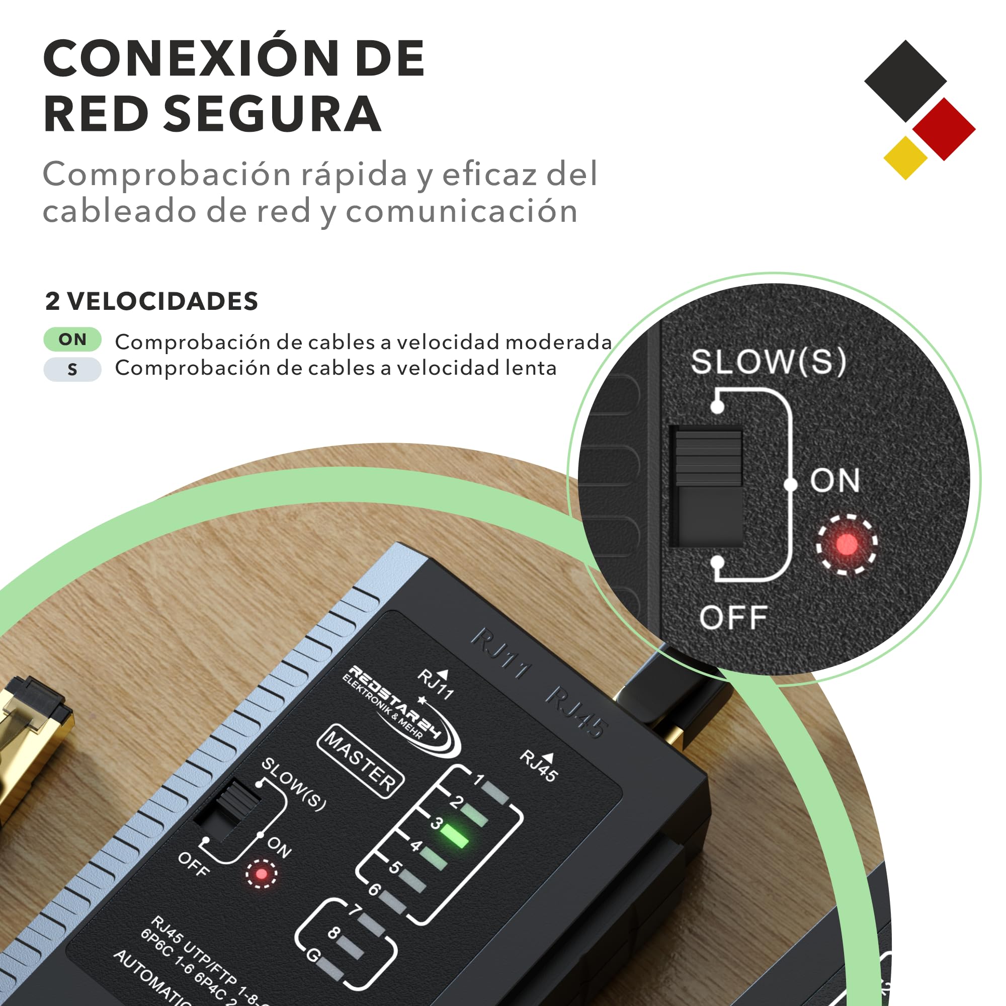 RedStar24 Comprobador RJ45 - Probador Red - Tester Cables LAN RJ11, RJ12, RJ45 para Patch Cables - LEDs Prueba para Testeo Preciso LAN y Red - Ideal para Tests Cables y Líneas
