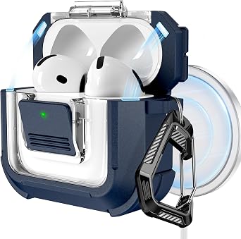 RFUNGUANGO for AirPods 4 Case, Compatible with AirPods 4th Generation Case 2024, Compatible with MagSafe, Magnetic Automatic Lock with Cleaner Kit and Keychain, Front LED Visible, Blue