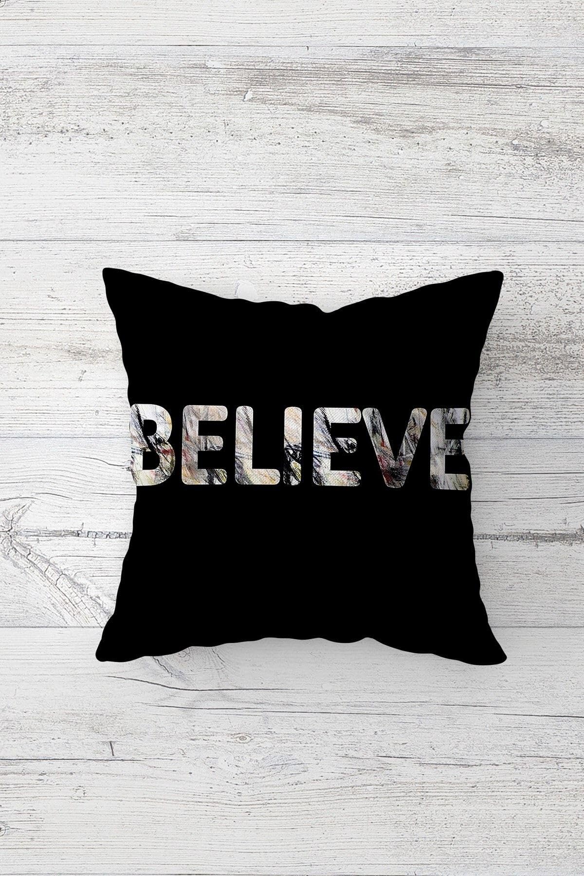 Pelangi Keep Calm And Carry On Believe Yazı Gizli Fermuarlı Kırlent Kılıfı Koltuk Yastık Kılıfı Takım(4adet), Koyu Siyah 45 x 45