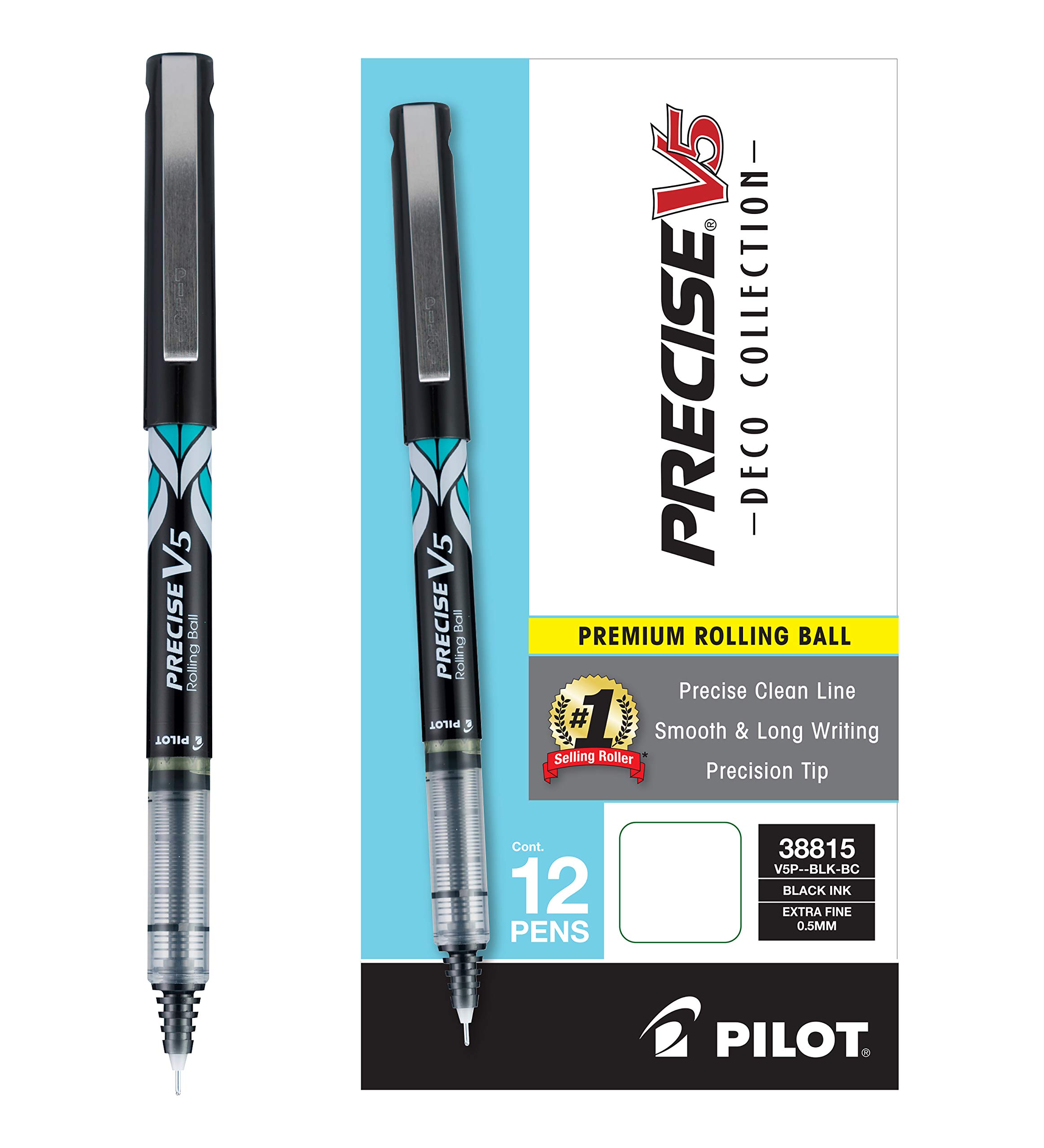 PILOT Precise V5 Deco Collection Premium Rolling Ball Stick Pens, Extra Fine Point (0.5mm), Black Ink, 12 count (38815)