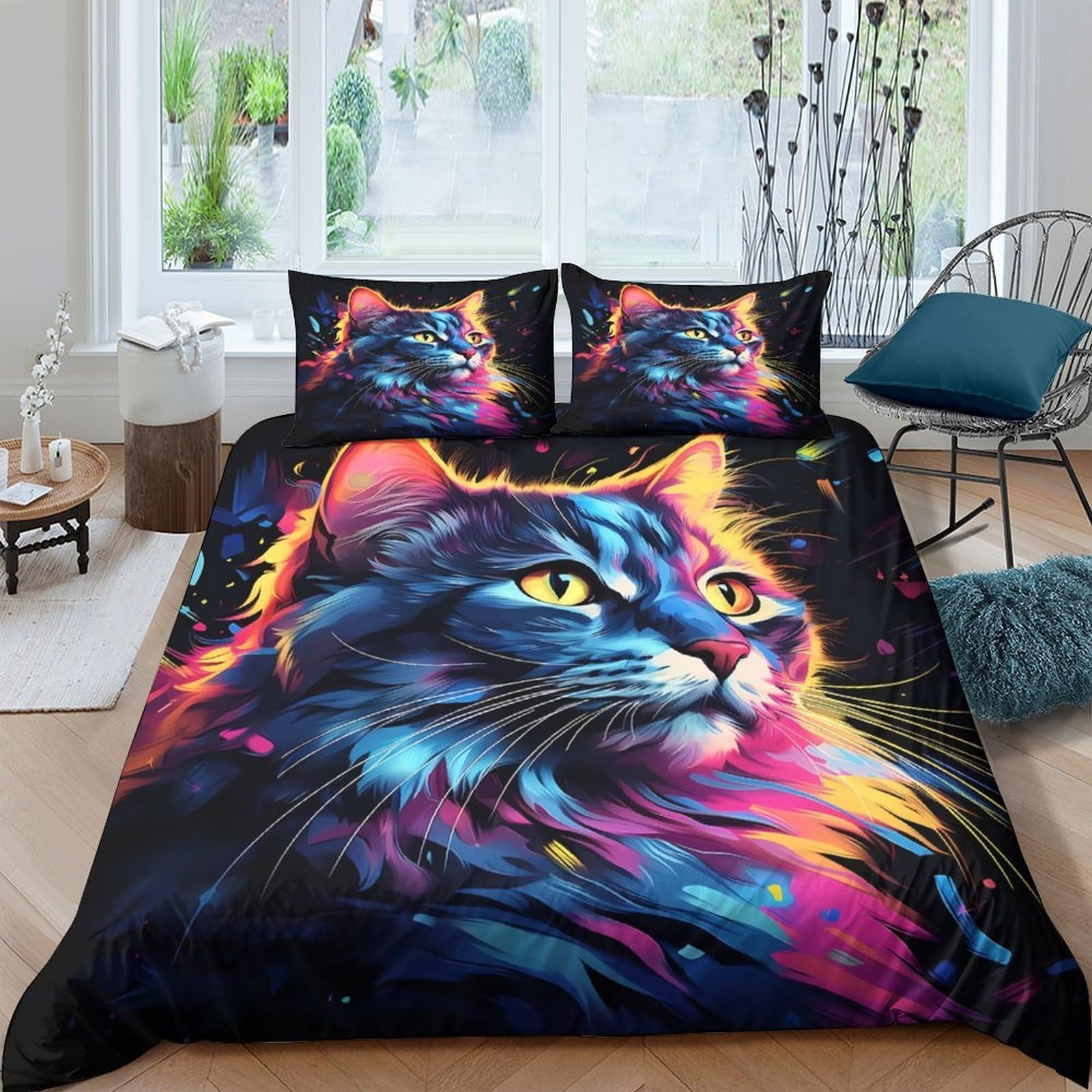 Ctjqhvkz Style-6 3D Printed Neon Cat Art Fitted Sheet Microfiber Soft Vibrant Colorful Wild Feline Mattress Cover For Bedroom Dorm Decor Single（135X200cm）