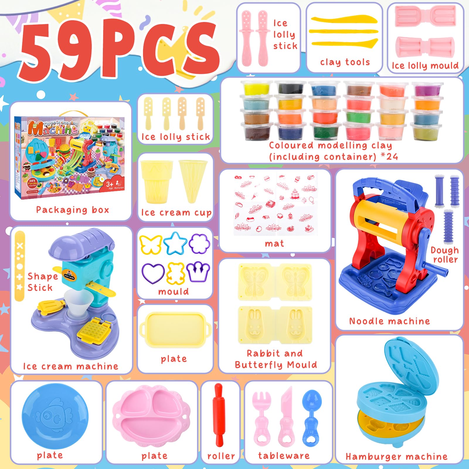 TOSUTO Juego de Plastilina Creativo - Máquina Pasta, Helados y Hamburguesas (24 Botes Plastilina) - Set de Herramientas para Modelado con 12 Botes de Plastilina - Regalo para Niños a Partir de 3 Años — view 2