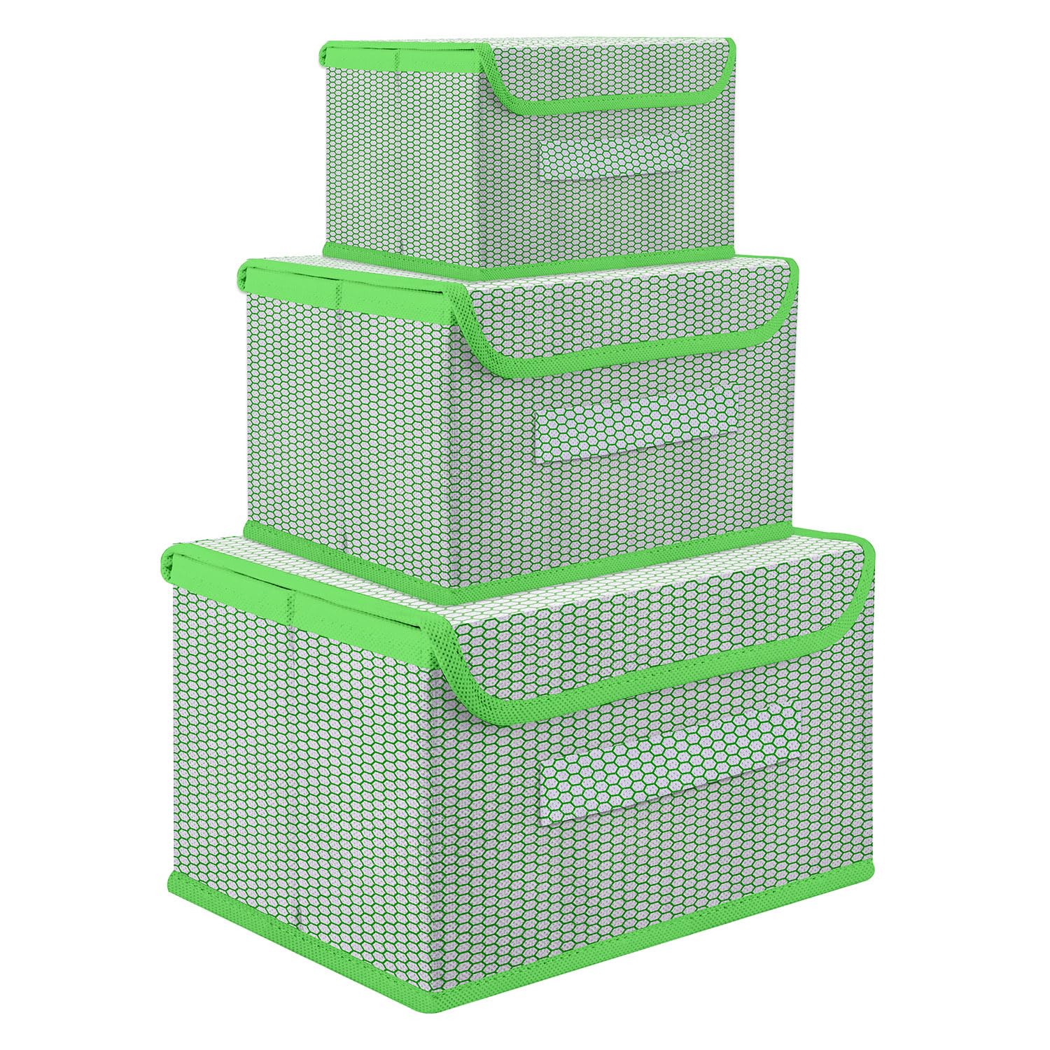 Kuber Industries Drawer Storage Box | Zig Zag Dhakkan Storage Box | Non-Woven Clothes Organizer | Storage Box with Handle | S | M | L | Pack of 3 | Green