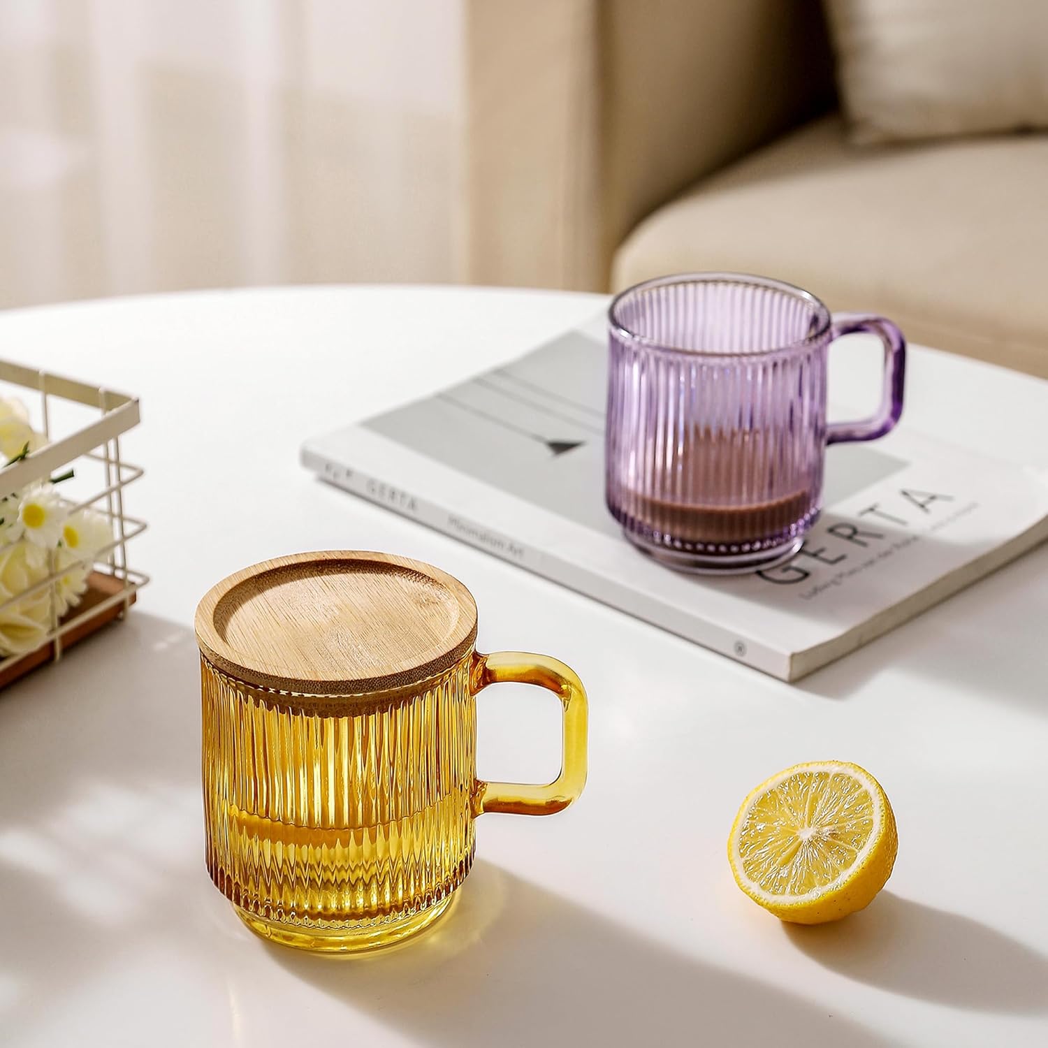 Lysenn Glass Coffee Mug with Lid - Premium Classical Vertical Stripes Glass Tea Cup - for Latte, Tea, Chocolate, Juice, Water - Lead-Free - Bamboo Lid - Amethyst Purple - Image 4