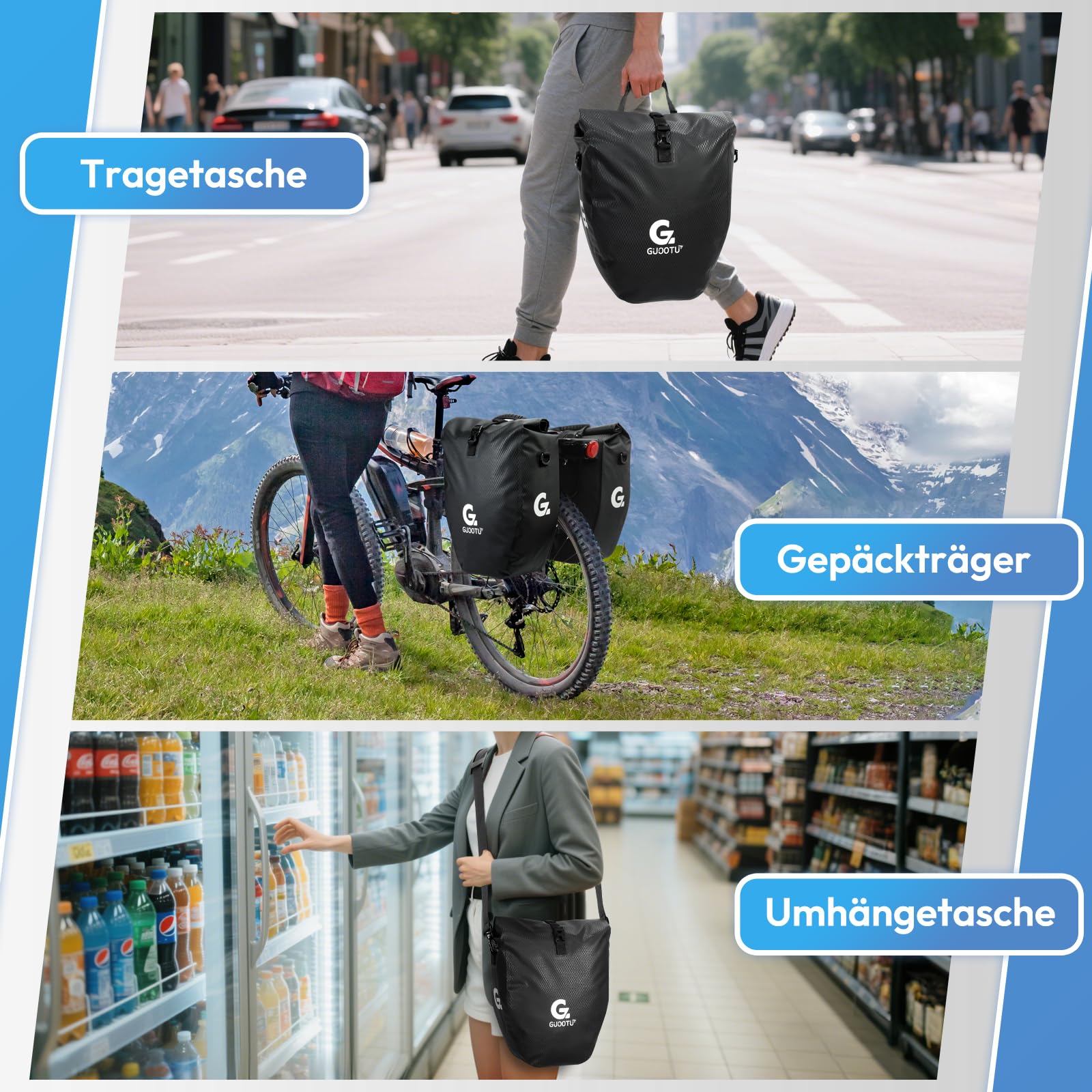 GUOOTU 2 Er Set Fahrradtasche für Gepäckträger 40L mit Tragegriff und Schultergurt fahrradtasche gepäckträger, gepäckträgertasche, Gepäckträgertasche mit Reflektoren (Schwarz 20L, 2er Set)