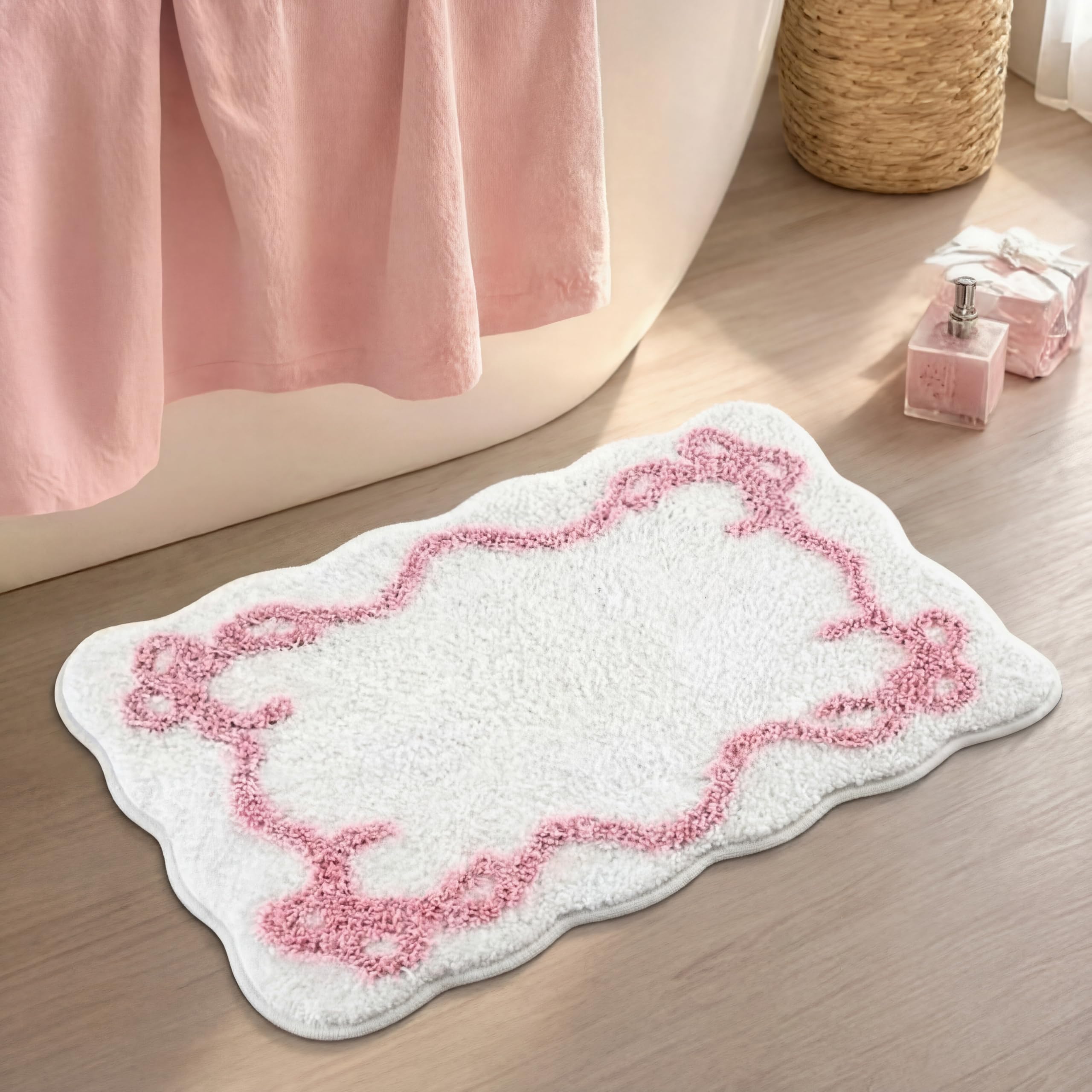 Tinideya Bow Bathmat Rug with Scalloped Wavy Ripple Design, Microfiber Absorbent Non Slip Tufted Rug Aesthetic Coquette Room Decor for Floor Shower