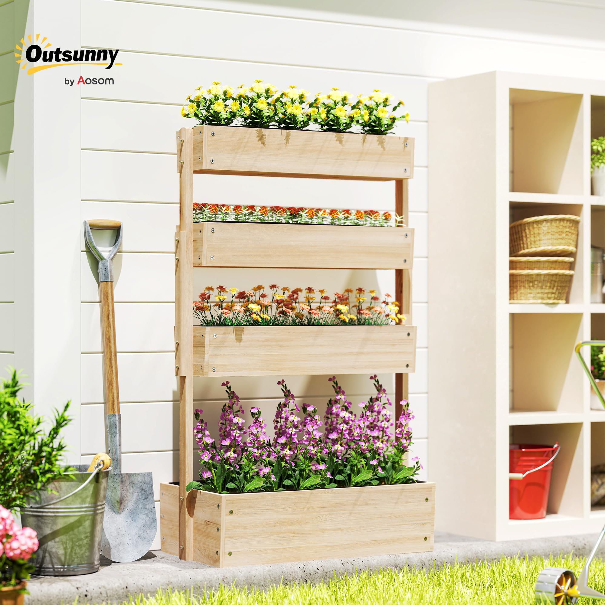 Outsunny Jardinière Surélevée en Bois avec 4 Étages, Doublure, Bois Naturel | Escalier de Fleurs, Trous de Drainage, pour Terrasse, Balcon et Jardin