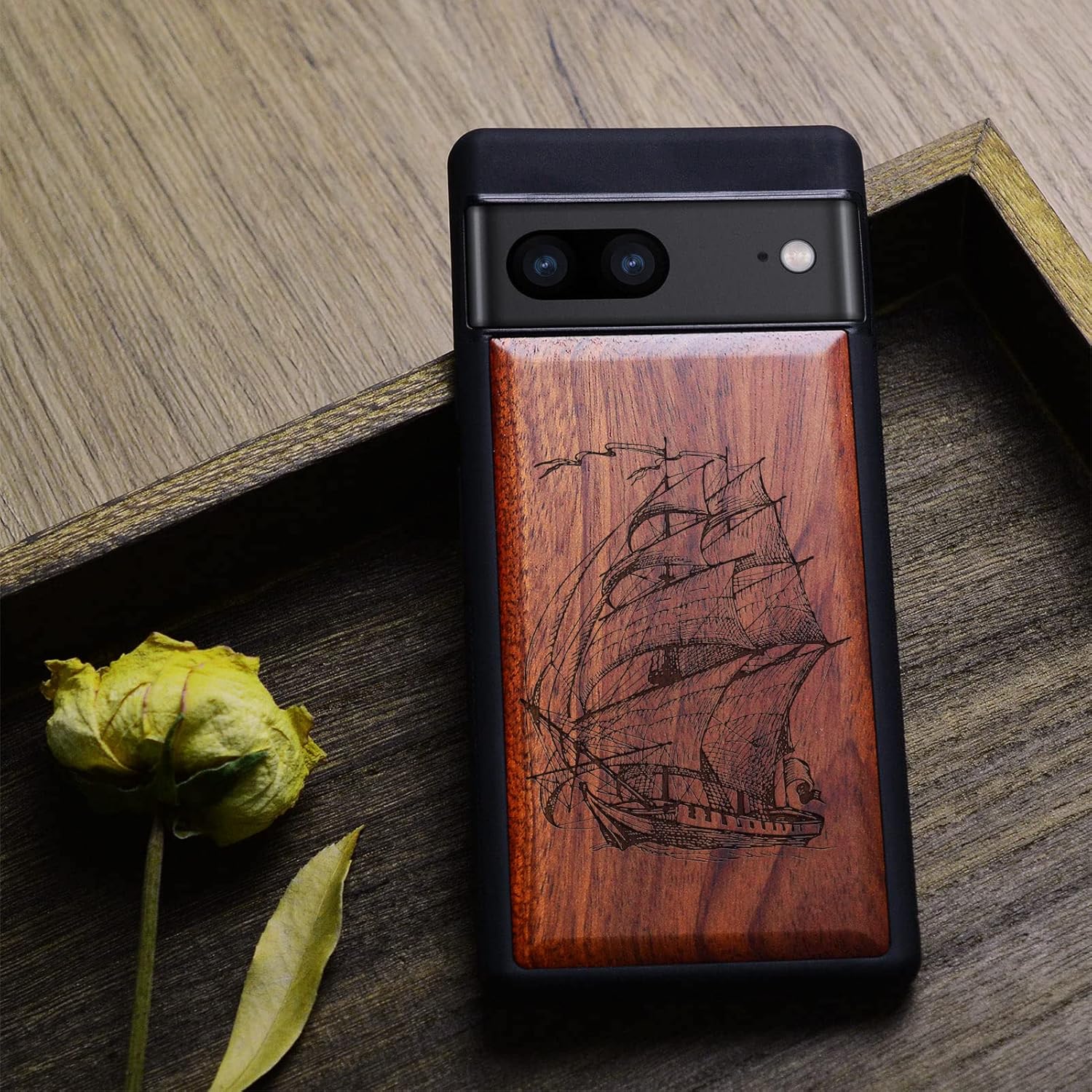 Carveit Wood Case for Pixel 7 Case [Natural Wood & Black Soft TPU] Shockproof Protective Unique & Classy Wooden Cover Compatible with Google Pixel 7 (Pirate Ship-Rosy)