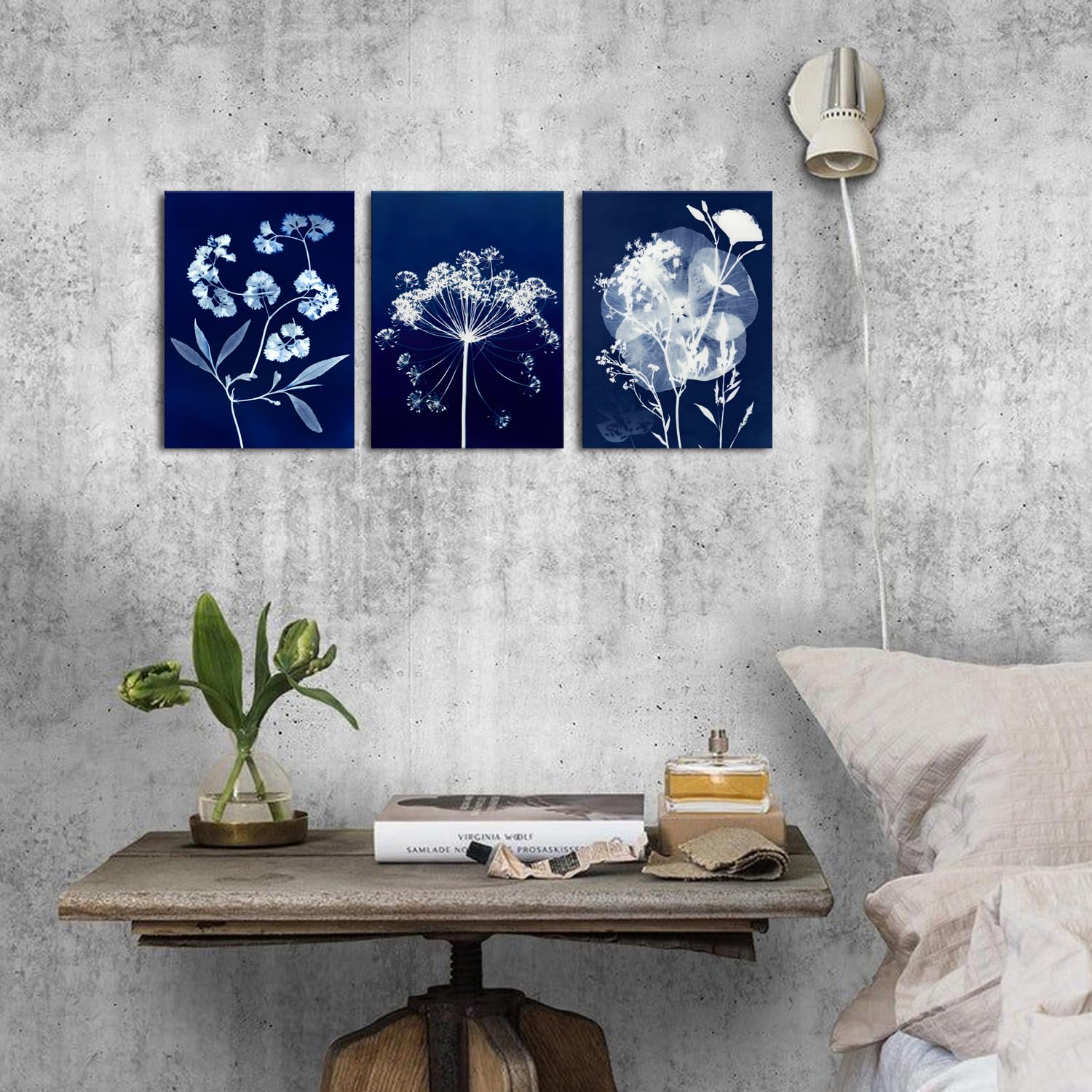 White Flower Wall Art Minimalist Floral Wall Decor Abstract Navy Blue Botanical Canvas Pictures Farmhouse Wildflower Paintings Nature Artwork for Living Room Bedroom Bathroom Decorations 30x40cm 3Pcs - Image 4