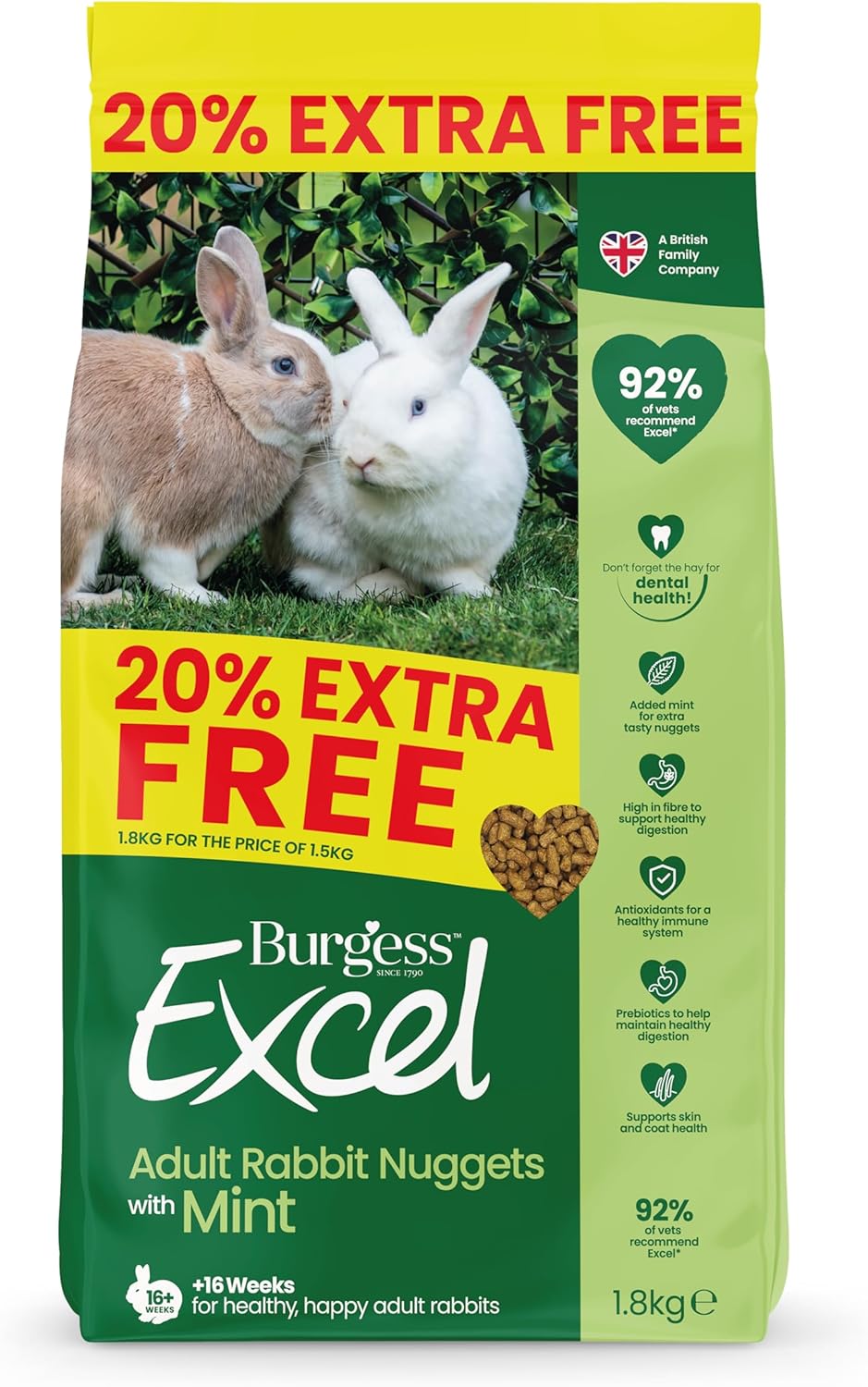 Burgess Excel Rabbit Food with Mint, 1.8kg Rabbit Nuggets for Adult