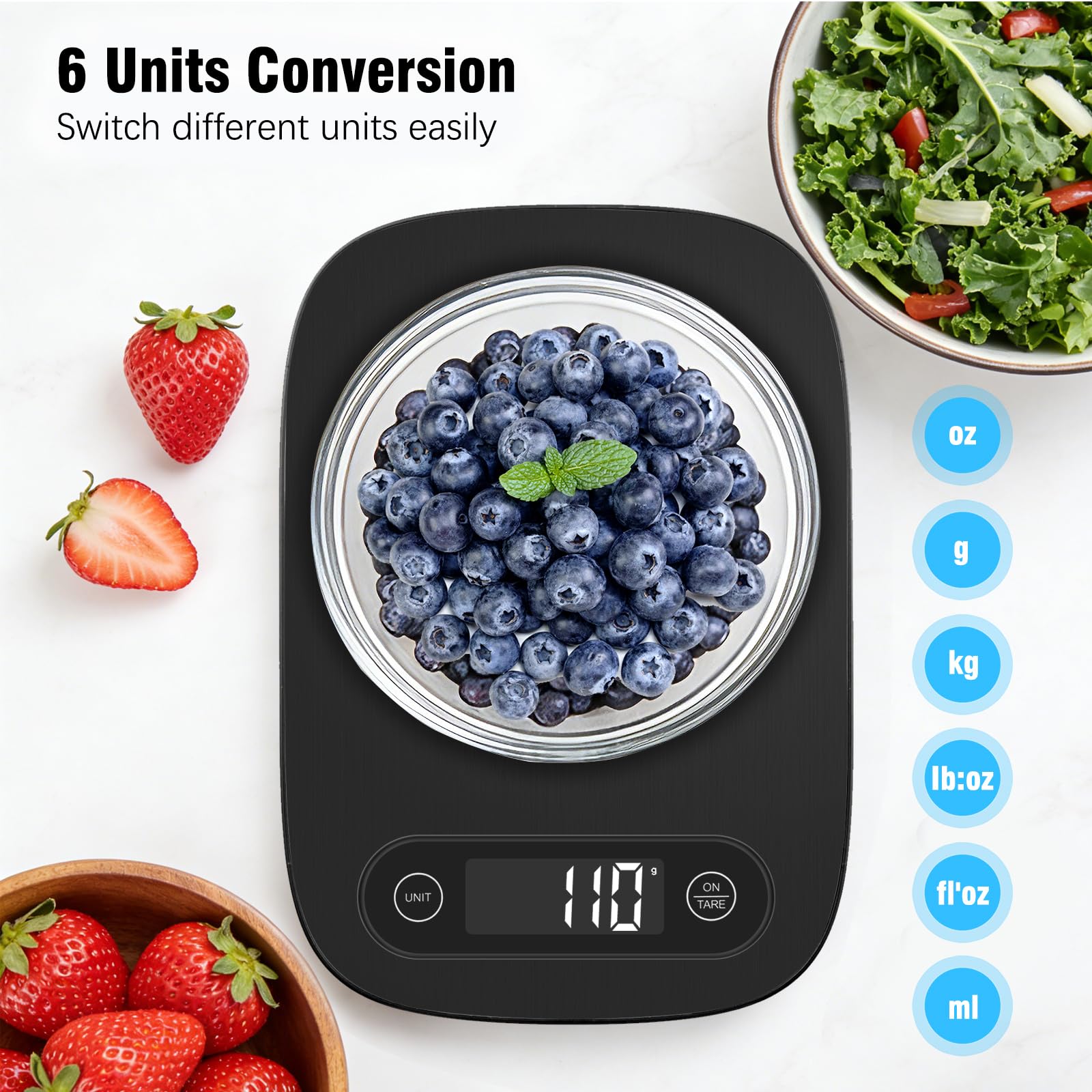 Báscula digital de cocina con pantalla LCD de 5 unidades y función de tara, diseño compacto para hornear, cocinar saludable, preparación de comidas, 11 libras de acero inoxidable (negro)