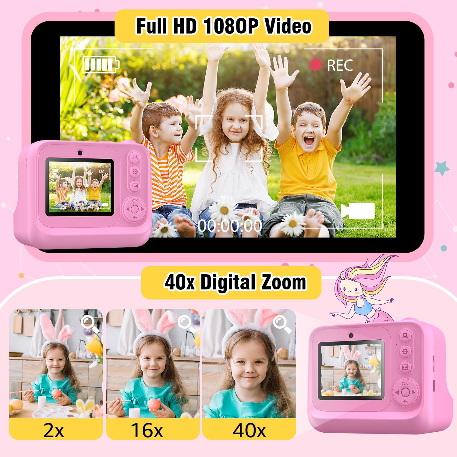 Appareil Photo Instantané Enfant UIONVO – HD 1080p, Impression Thermique, Carte 32 Go, 5 Rouleaux – Cadeau 3-12 Ans