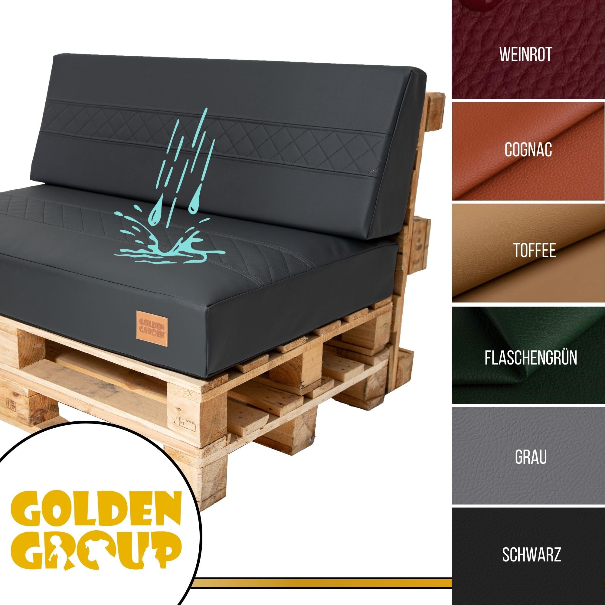 GoldenGroup Gartenset Kissen für Palettenmöbel Schwarz - Eco-Leder mit gestepptem Einsatz Sofakissen - Polster Hartschaum - Sitzkissen 120cm x 80cm x 10cm & 120cm x 40cm x 10/20cm Rückenkissen