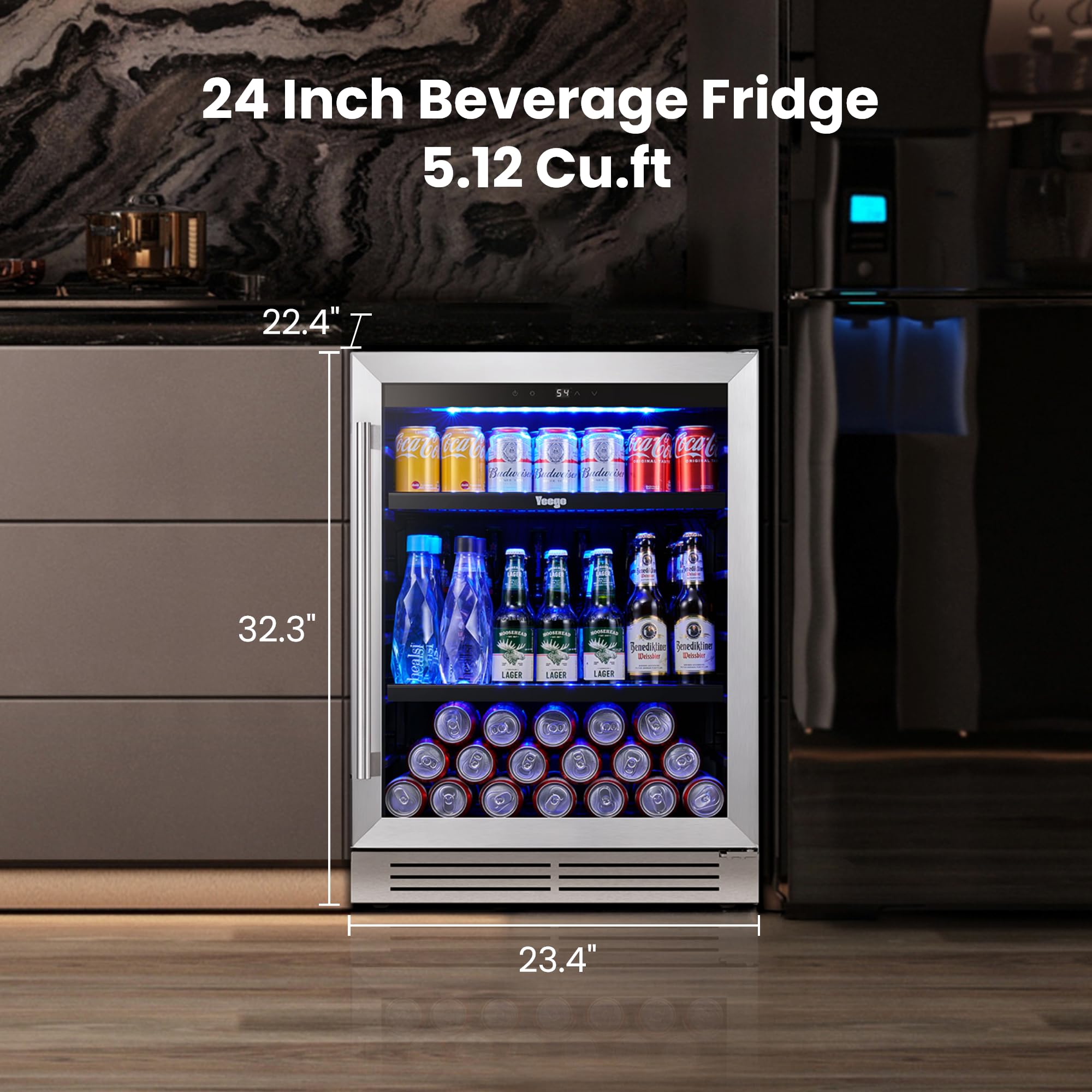 YEEGO 24 Inch Beverage Refrigerator – 180 Can Built-In Under Counter Drink Fridge With Glass Door, 34–54°F Cooling For Beer, Soda & Wine (Right-Hinged) on Fridge.com - View 2