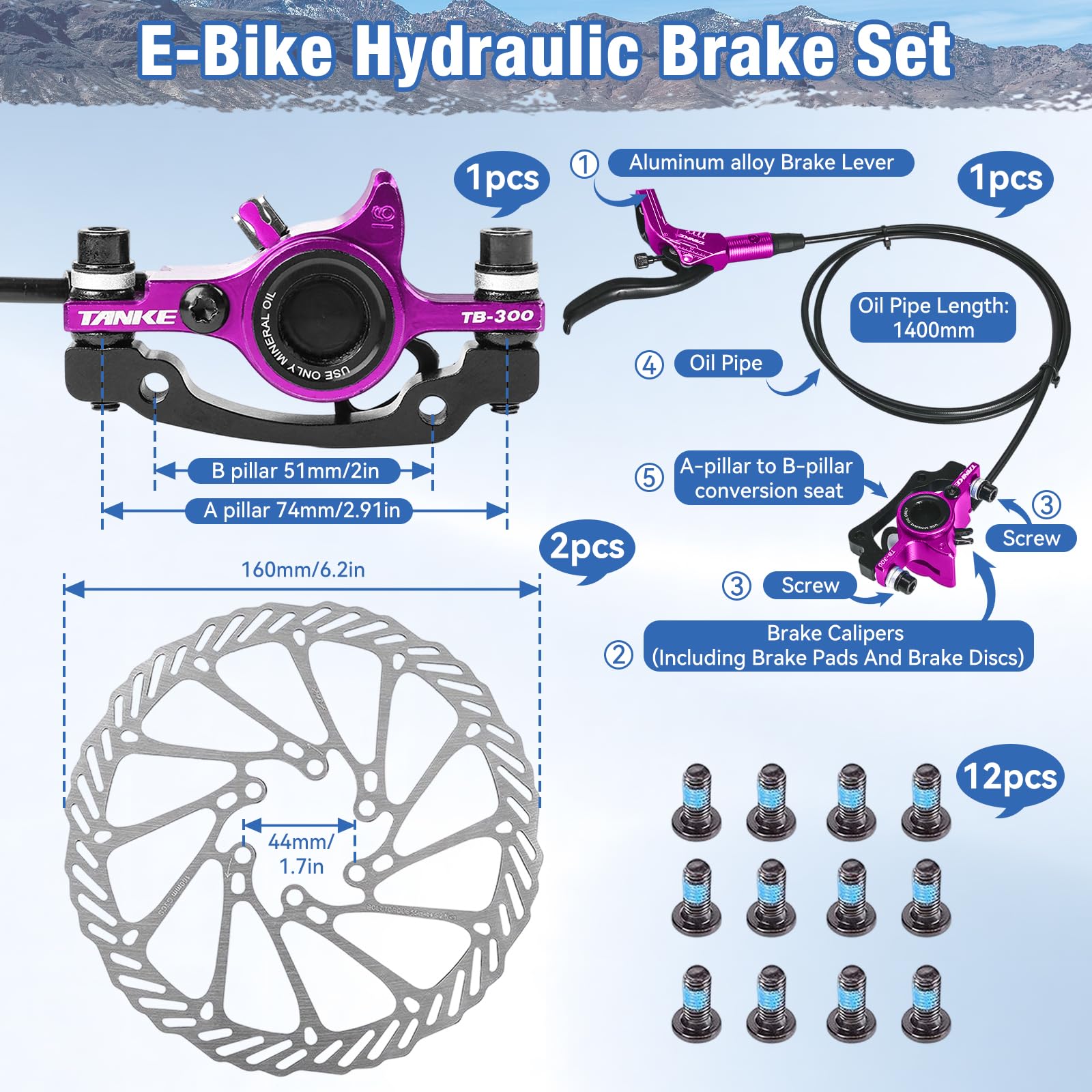 Buachois Fahrrad Scheibenbremssätze, Hydraulisches E-Bike Bremsenkit mit 160-mm-Bremsscheiben, Links vorne 89 cm und rechts hinten 147 cm Öldruck Bremssattelhebel für Elektrofahrrad Roller