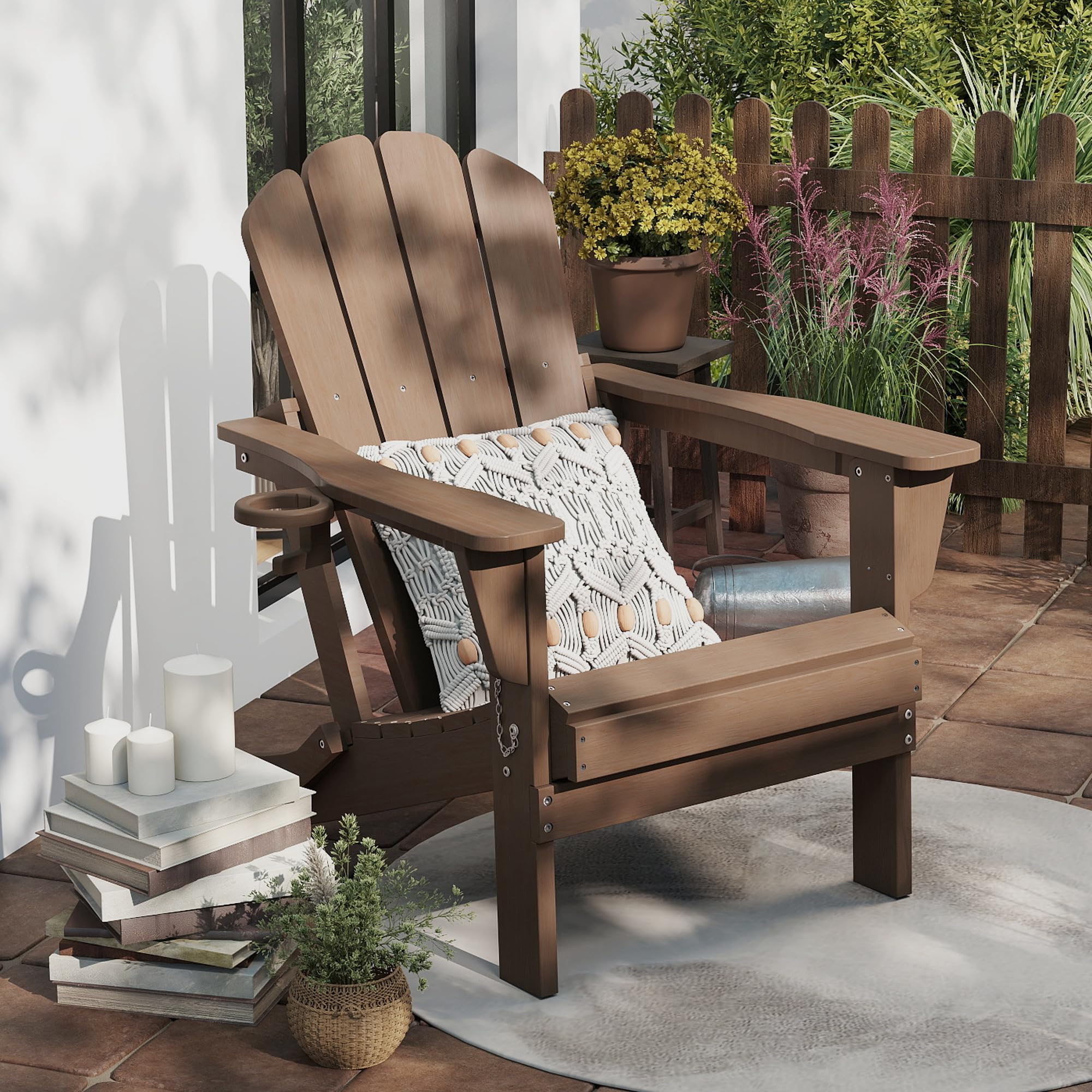 Domi Klappbarer Adirondack-Stuhl, HDPE-Witterungsbeständiger Außenstuhl mit Getränkehalter, holztexturierter Feuerstellenstuhl für Garten, Terrasse, Poolbereich & Deck, Braun