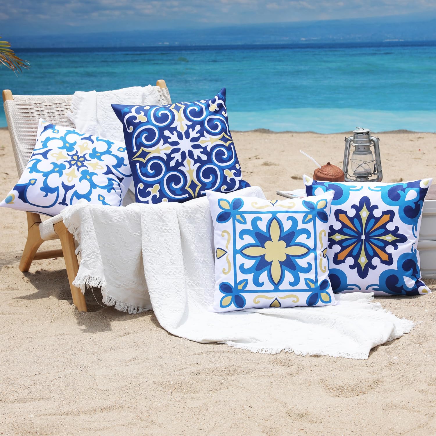 Snugtown 16 x 16 Inches Outdoor Waterproof Lily Floral Throw Pillow Covers, Outside Water Resistant Square Cushion Cases for Patio Lawn Balcony Couch Sofa, Pack of 4, Blue Yellow