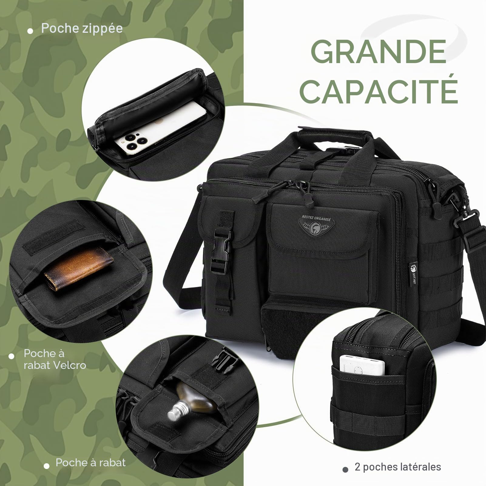 BAGZY Sacoche Homme Bandouliere Tactique Malette de Travail Homme Sac à Main Militaire Sac de Survie Sacs de Randonnée Sacs Business Oxford Attache Case Homme MOLLE Sacoche Ordinateur 17 Pouces