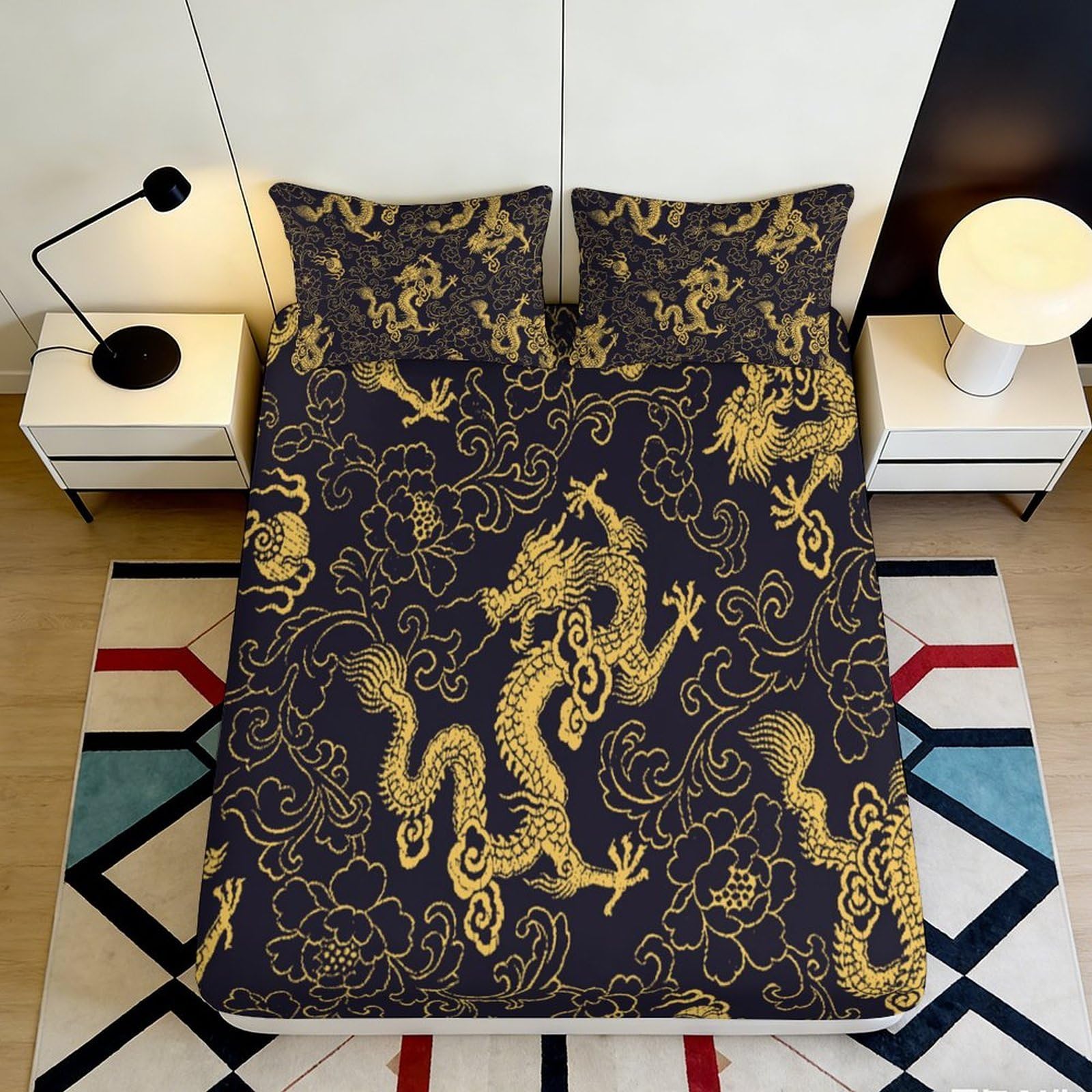 3D Printed Golden Dragon Fitted Sheet Microfiber Soft Durable Floral Pattern Bed Cover for Bedroom Dormitory Guest Room Mattress Protection 200x200x25cm