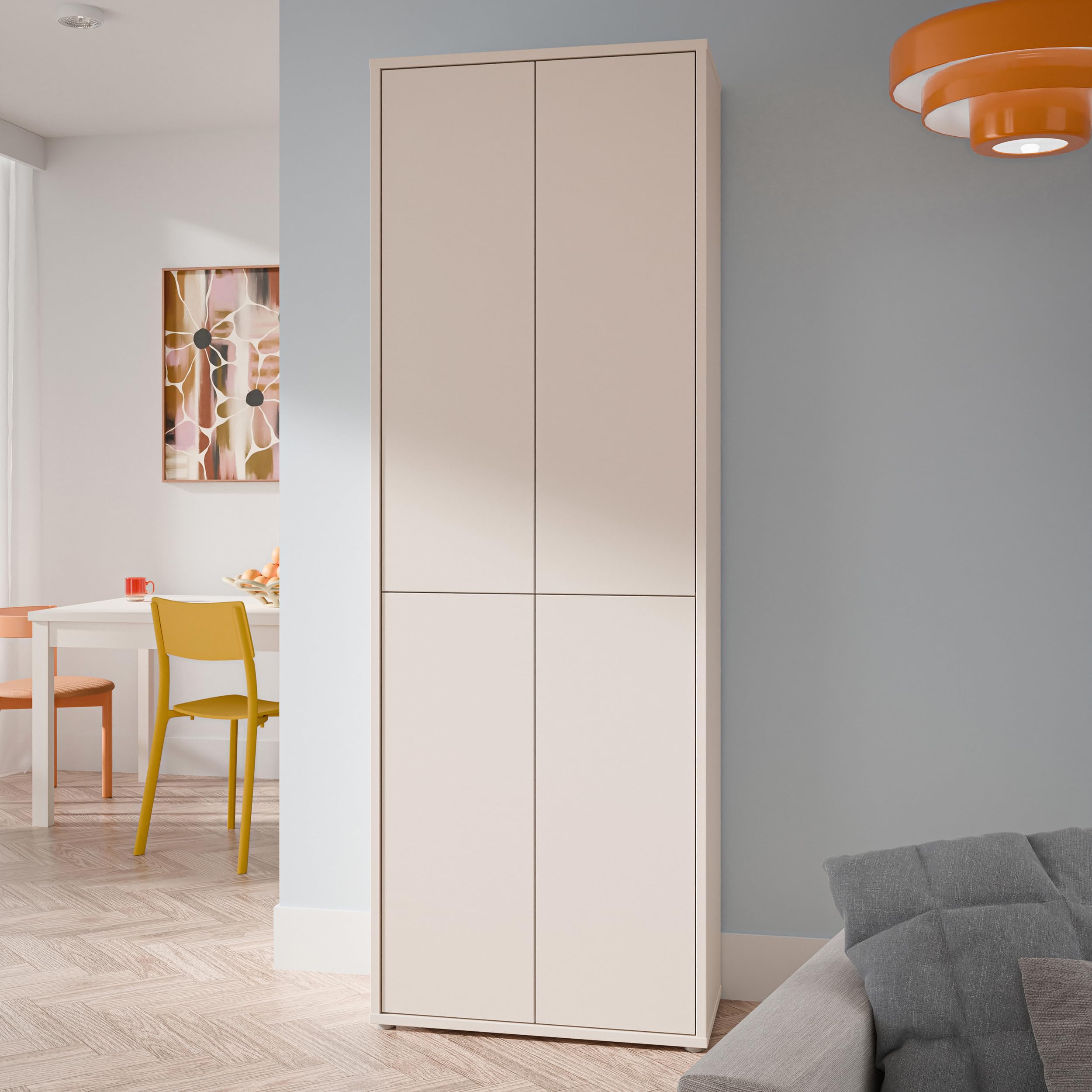 Forte Alice Springs Hochschrank 50, modern-minimalistisch, 4-türig, Wohn-/Esszimmer, Holzwerkstoff, Kaschmir Beige, 74,5 cm breit x 214,3 cm hoch x 34,9 cm tief