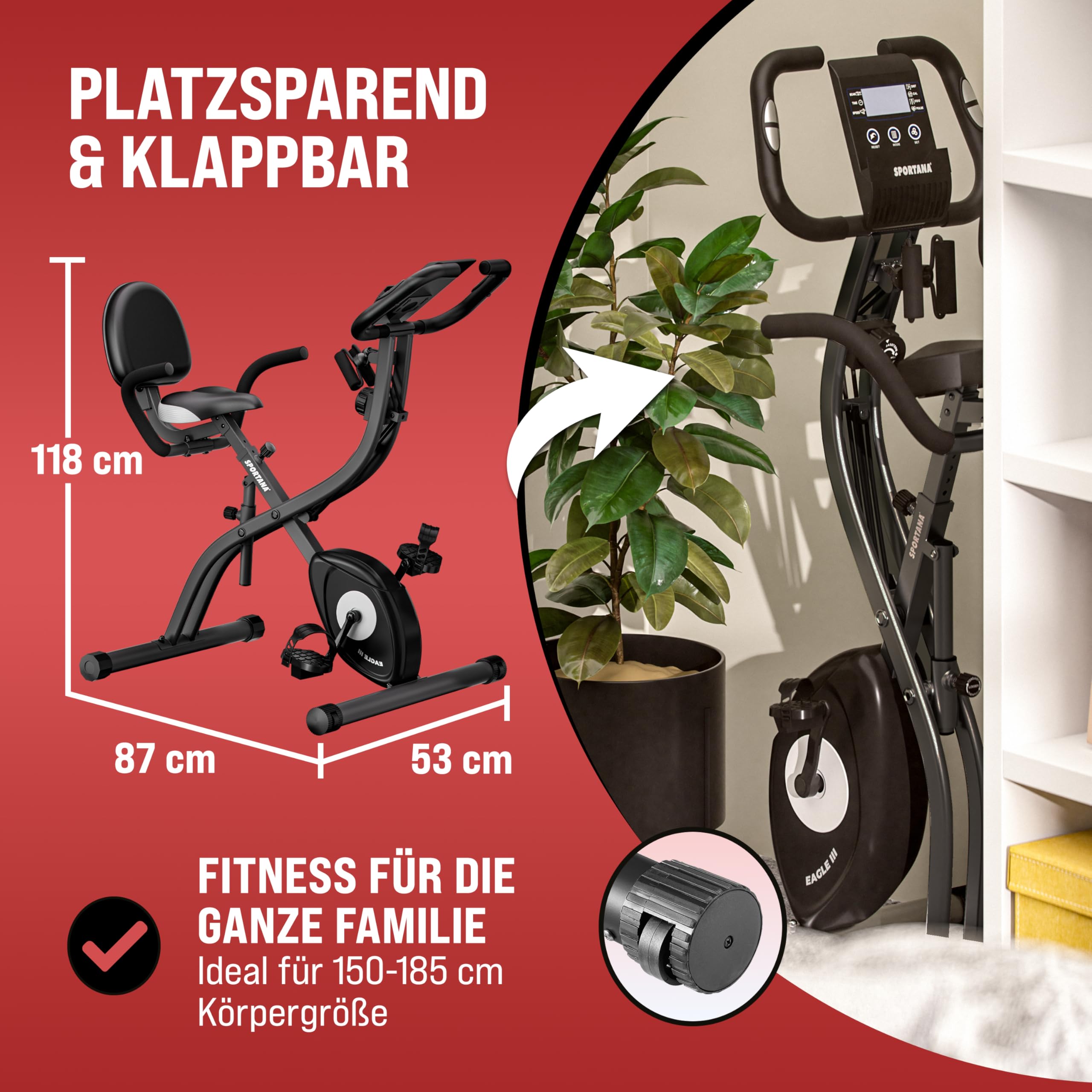 Heimtrainer Fahrrad EAGLE 3-3in1 Ausdauer Ergometer - Klappbar - LCD Display - Höhenverstellbar - inkl. Fitnessbänder - Hometrainer, Fitnessbike, Workout Bike, Trimmrad, Indoor Bike
