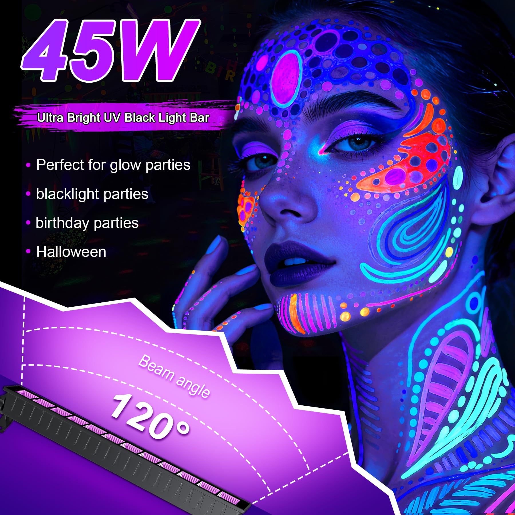 Luce Nera LED UV 45W, Barre UV 395 nm per Feste Fluorescenti, Pittura Corporea, Halloween, Poster Fluorescenti, Blacklight Party, Impermeabile IP66(Set da 2)