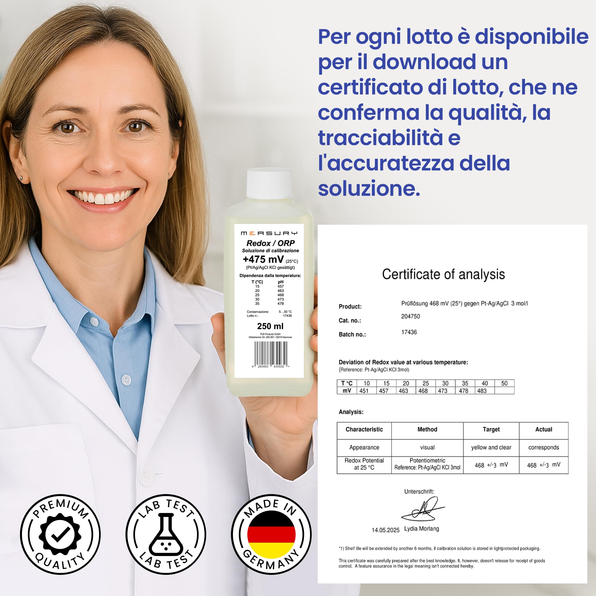 Measury Redox Soluzione di calibrazione 475 mV, 250ml ORP Soluzione tampone | Liquido di calibrazione redox - Soluzione tampone di calibrazione ORP - prodotta in Germania