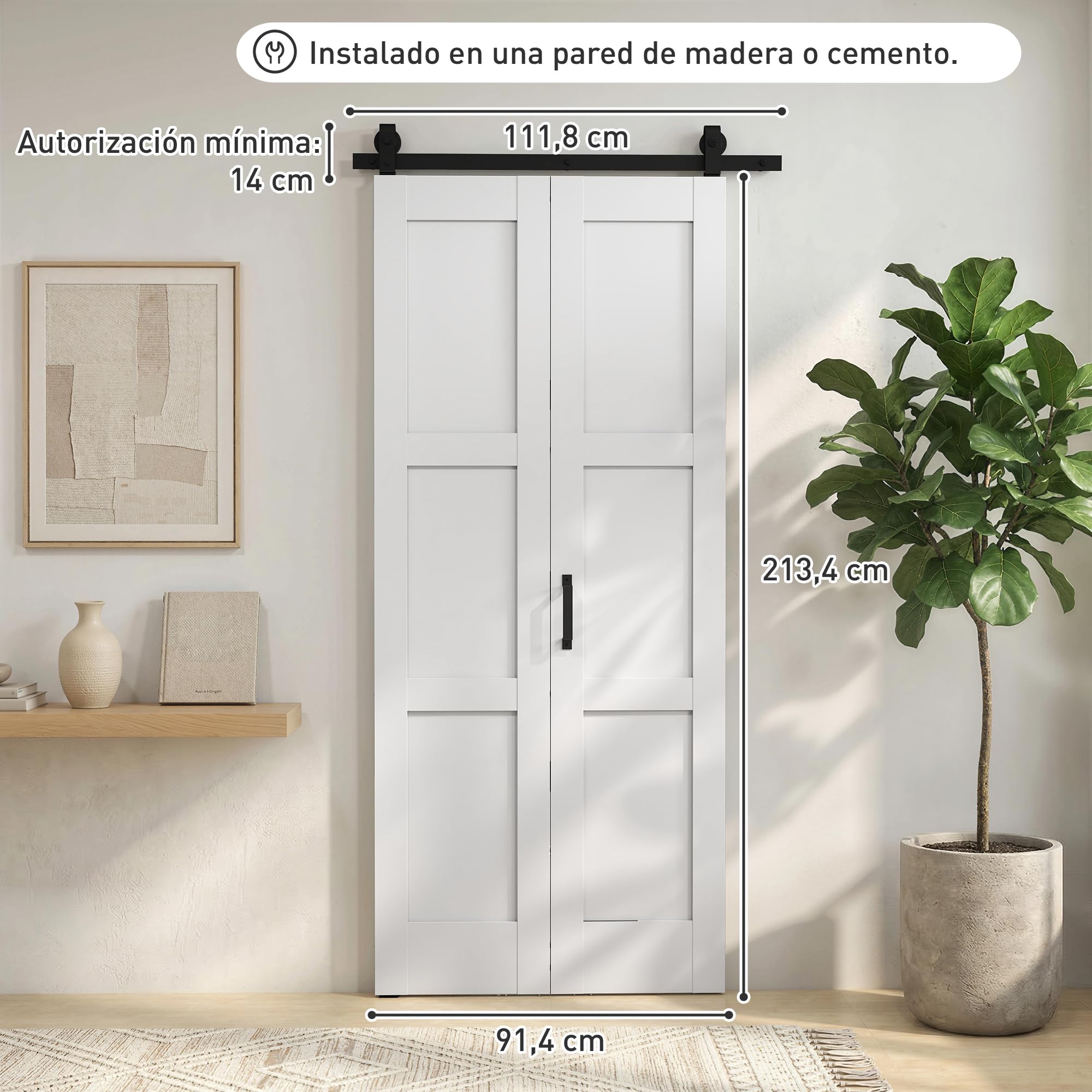 HOMCOM Puerta Corredera Plegable con Herrajes 91,4x213,4 cm, Puerta Corredera Interior con Rodillo, Riel de Acero, Guía de Suelo, Manija, para Baño, Salón, Sala de Estar, Blanco