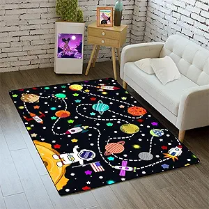 Outer Space Area Rug - 35" L x 23" W Solar System Galaxy Planets Rug for Boys Bedroom Universe Theme Carpets for Kids Living Room Bedroom Indoor Outdoor Crystal Polyester Floor Mats Kids Play Carpet
