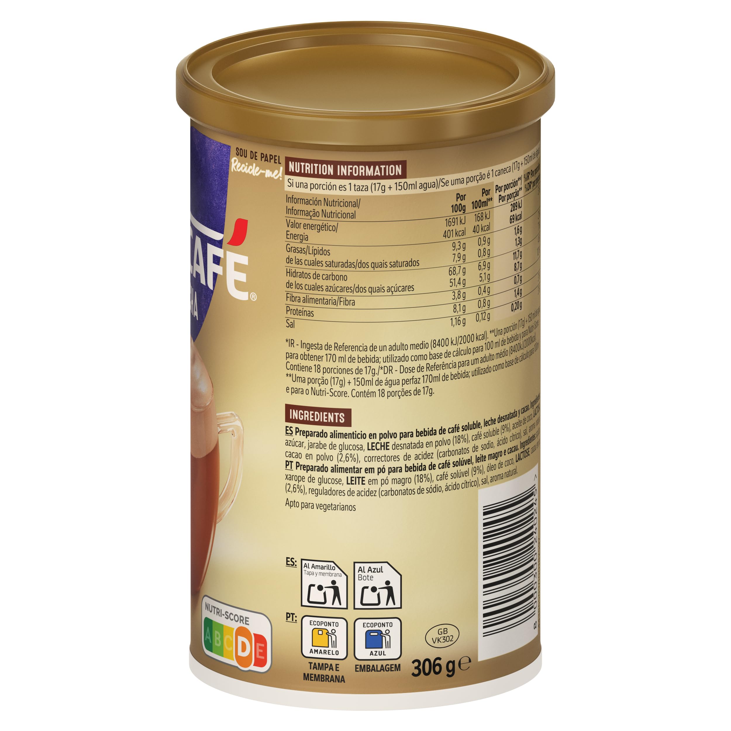 Nescafe MOCHA bote de café soluble con sabor a delicioso a chocolate 306g