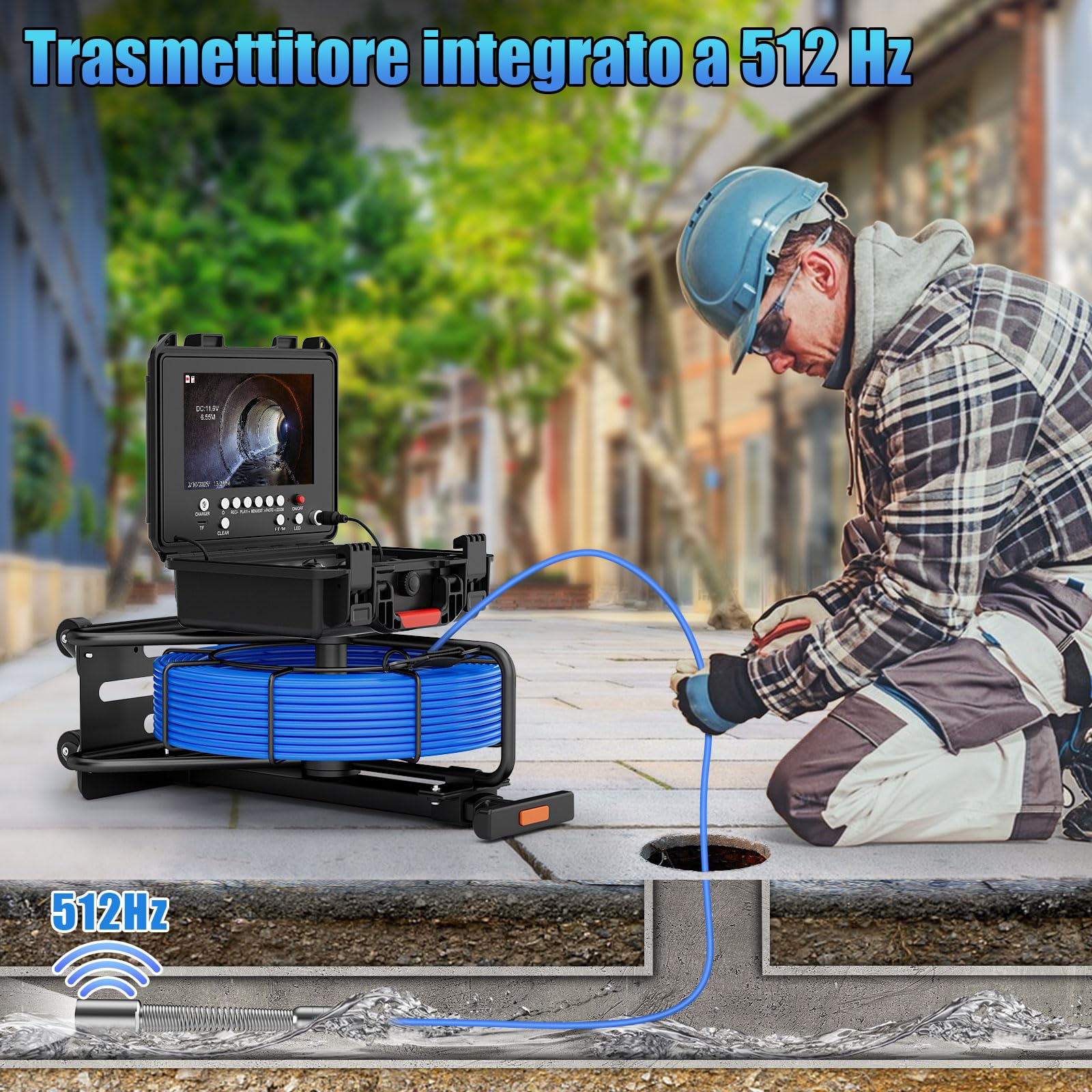 Telecamera di Ispezione 50m con DVR, Sonda con Telecamera Contatore di Distanza, Display a IPS da 9", Videoispezione per Tubazioni Impermeabile, Telecamera Endoscopica, Cavo di 7 mm più spesso