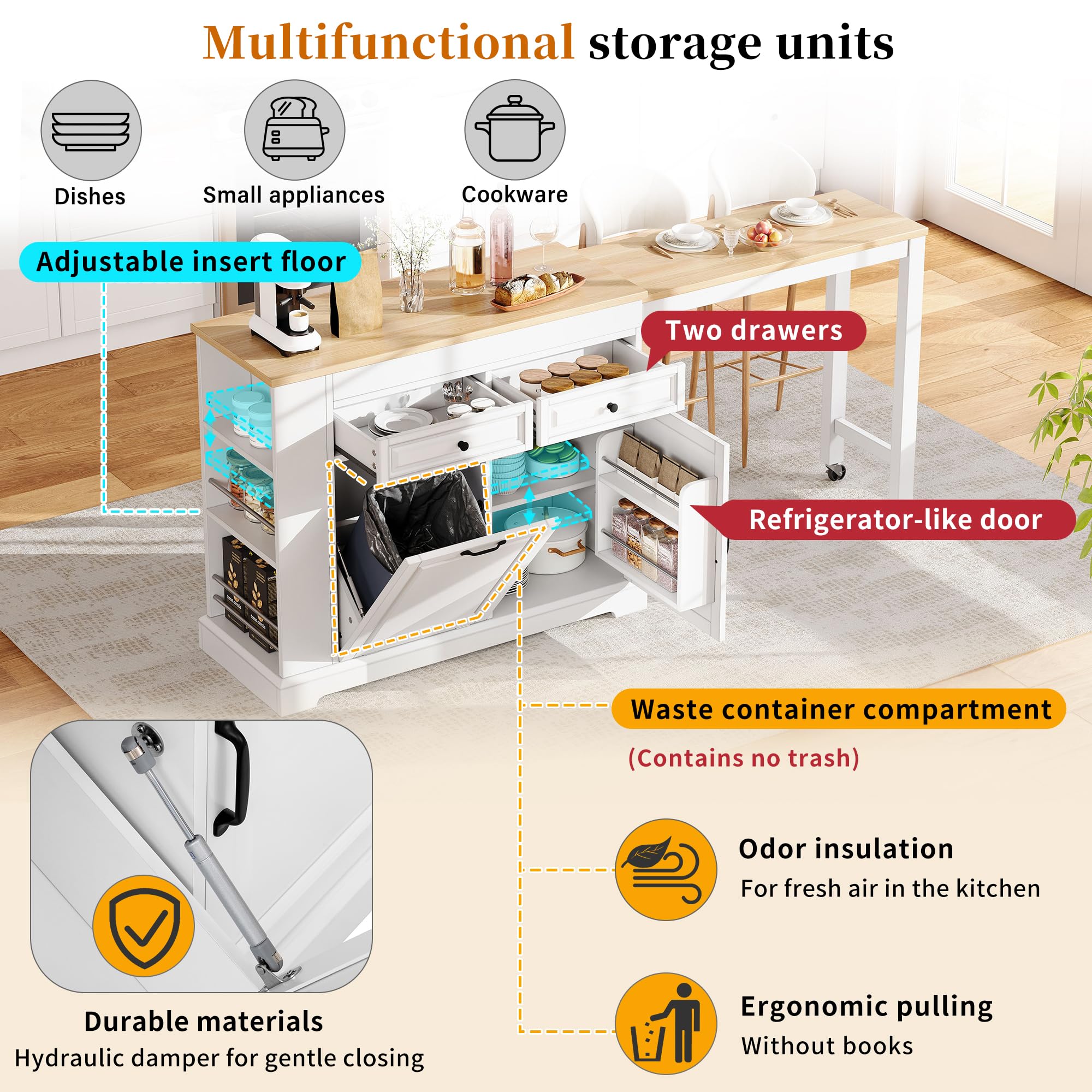 Isola da cucina su ruote, sala da pranzo estensibile con scomparto pattumiera e cassetti, isola mobile da cucina autoportante, ideale per cucina e sala da pranzo, bianco + naturale