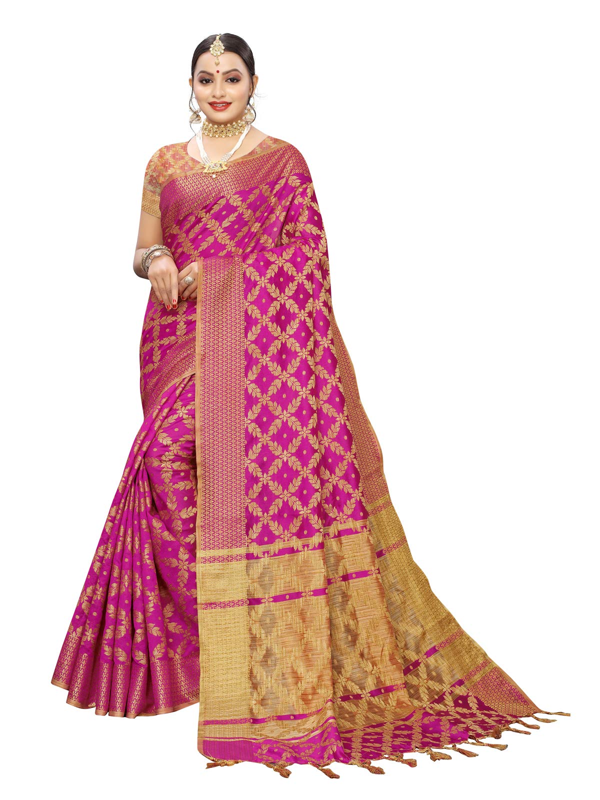 SIRILWomen's Silk Blend Woven Design Kanjeevaram Saree with Blouse, Pink, One Size