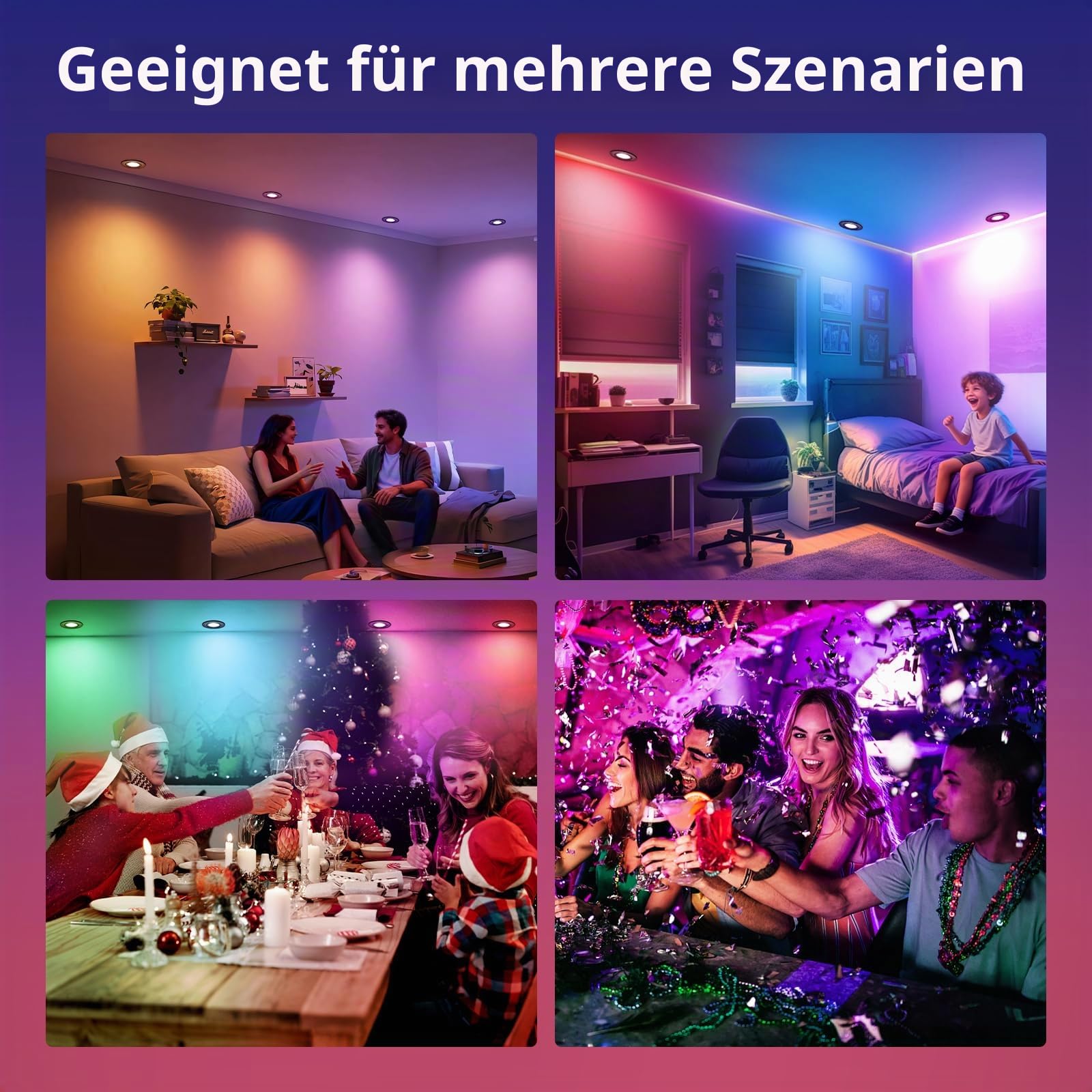 GeyouLux LED Einbaustrahler RGB Dimmbar,Aluminium, mit Fernbedienung, 6 St | 68-75mm Lochmaß, IP44 Wasserdicht, 5W 230V, 120°+45° Schwenkbar, Rostfrei, für Deckenmontage, Wohnzimmer, Schwarz