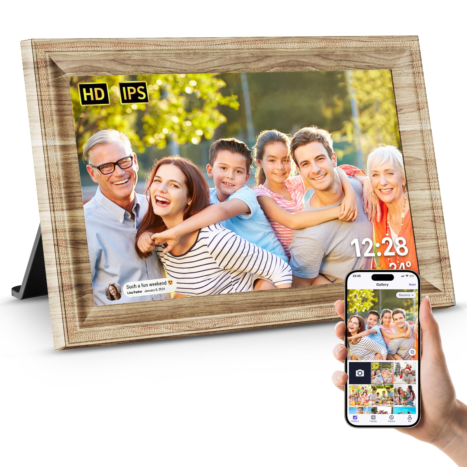 Digital Picture Frame WiFi Send Photos from anywhere16GB Storage Smooth System 10.1inch 1280x800 IPS Touch Screen Wood Light Color