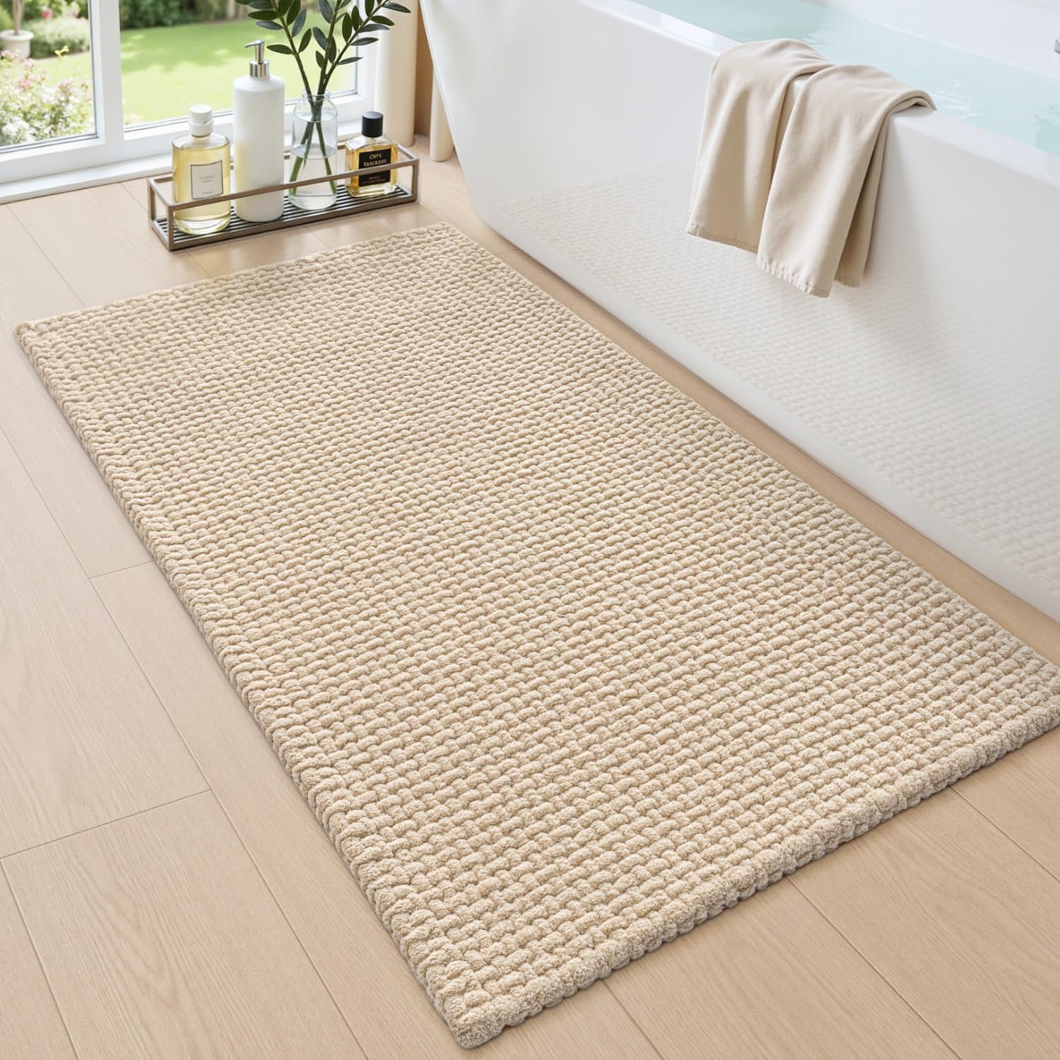 DEXI Chenille Bath Mat 60 x 110 cm, Absorbent and Non-Slip, Beige