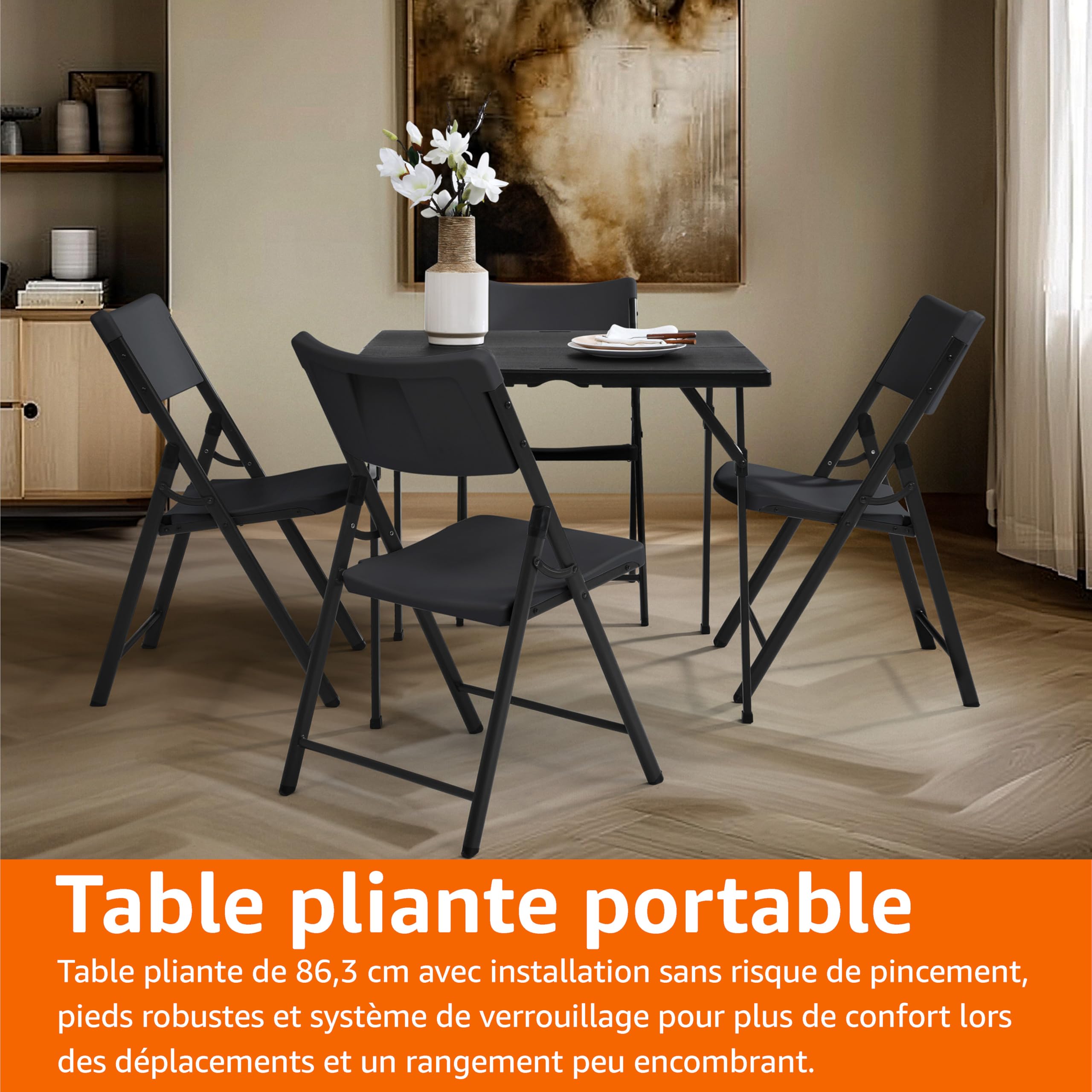 Amazon Basics Table à manger pliante carrée avec poignée de transport, pour intérieur et extérieur, portable, légère, voyage, pique-nique, camping, noir, 86.1 x 86.1 x 74 cm