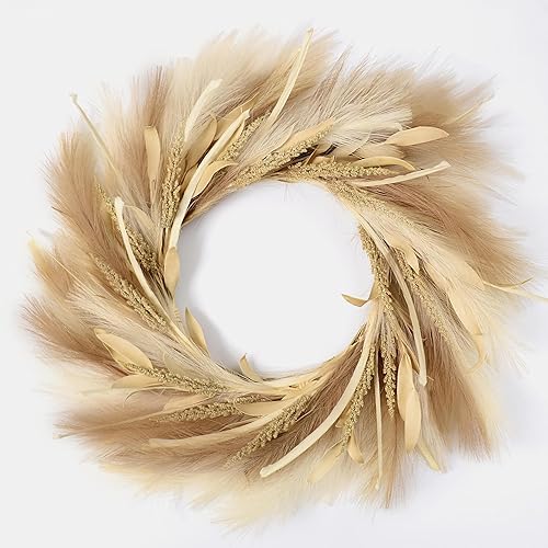 Perfnique Pampas Grass Wreath, 27'' Fall Wreath for Front Door, Pampas Wreath for All Seasons, Boho Wall Decor, Farmhouse Rustic Floral Wreath, DIY Wreath Arrangement(Mixed-Color, Ribbons)