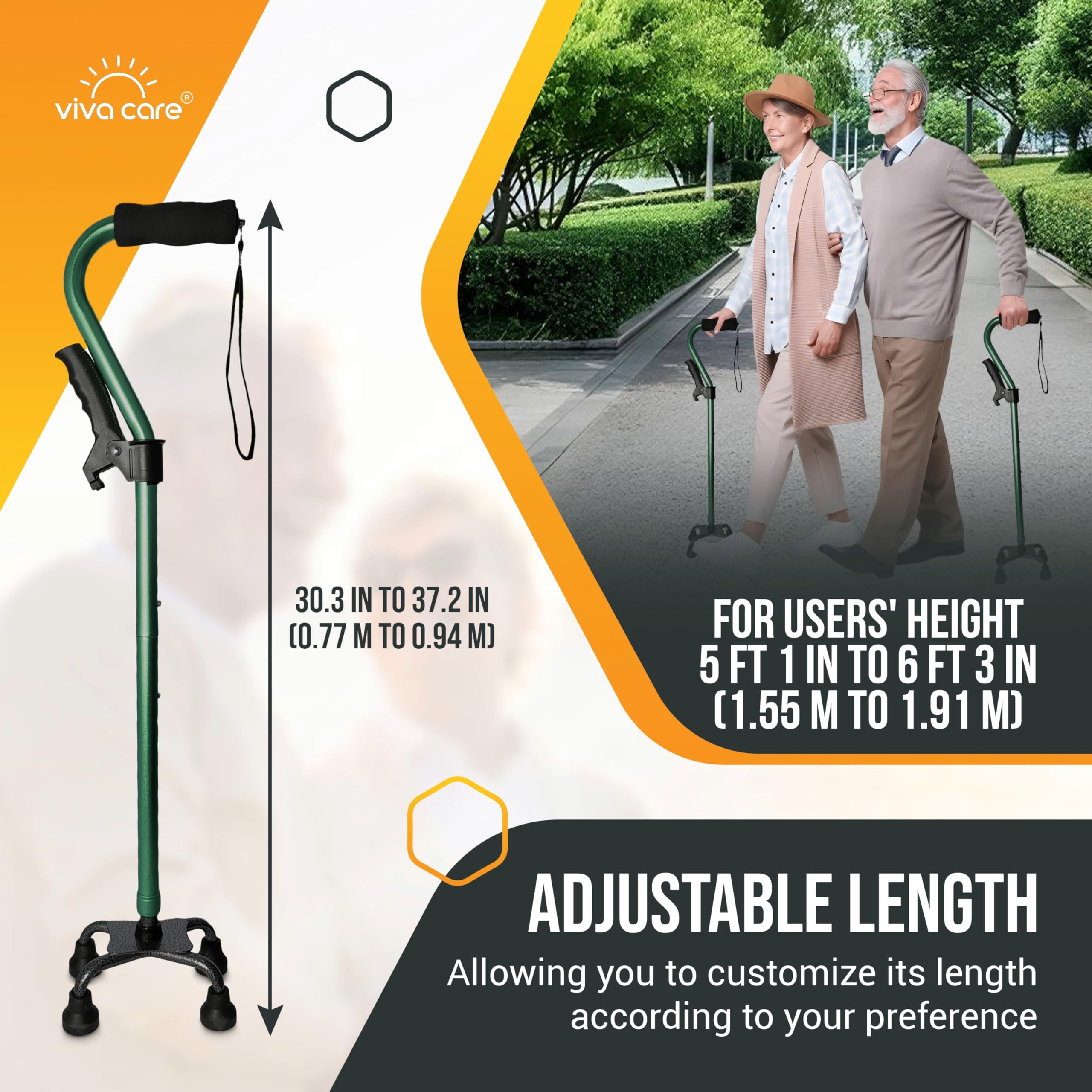 Bastón con 4 puntas y mango lateral extra, ajustable, para equilibrio y estabilidad para adultos, personas mayores y lesionadas.