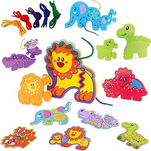 HAP-P-KID Montessori - Juego de 20 piezas de rompecabezas de animales con cordones, actividades educativas de costura, enhebrado con cordones,