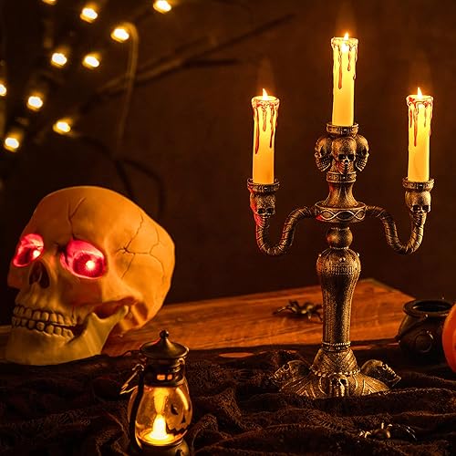 Miniatura 6 de JOYIN 2 candelabros de calavera para decoración de Halloween, luces LED para interiores, soporte para velas, mesa para el hogar, decoración de
