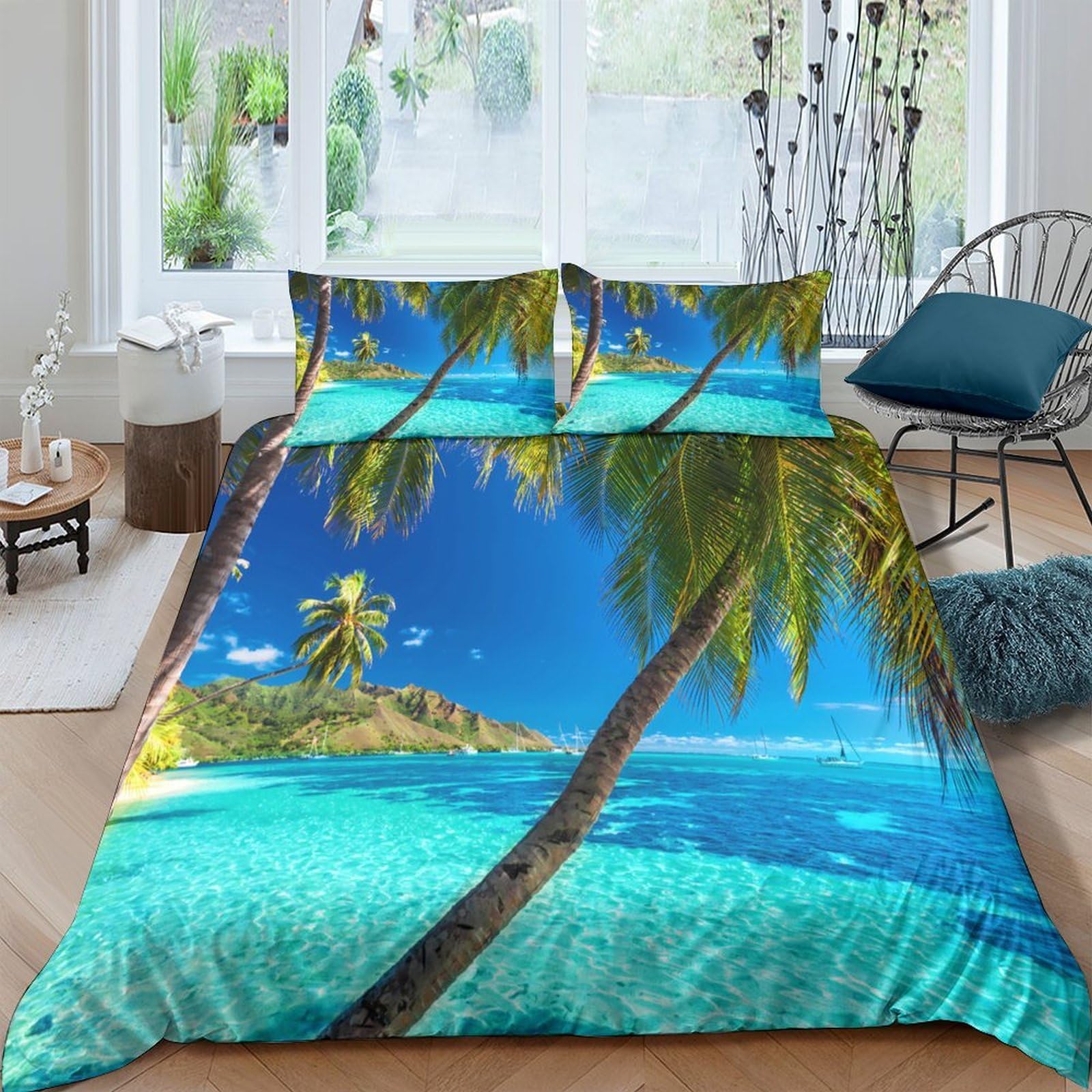 GPLZQXKJNH 3D Printed Tropical Beach Duvet Cover Microfiber Soft Breathable Palm Island Bedding Set with 2 Pillowcases for Bedroom Decor Single（135x200cm）