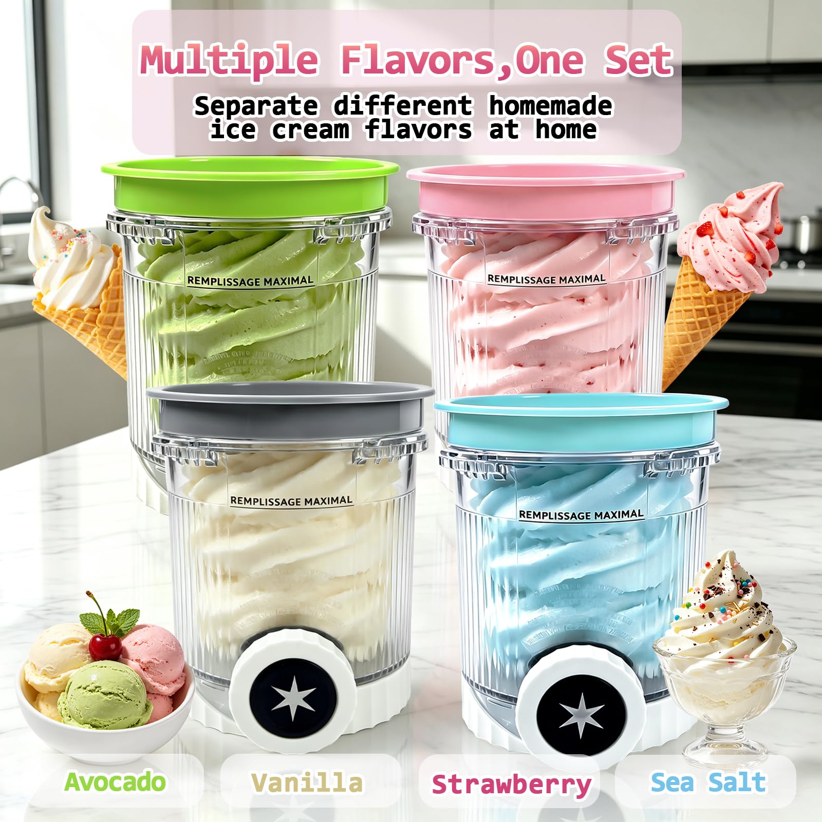 4 Stück Behälter für Ninja Creami Swirl, 480 ML Eiscremebehälter Eismaschine Zubehör mit NC700 NC701 EU Serie Eisbehälter Spülmaschinenfest und BPA-frei(4-teiliges Set-Grau+Blau+Grün+Rosa)