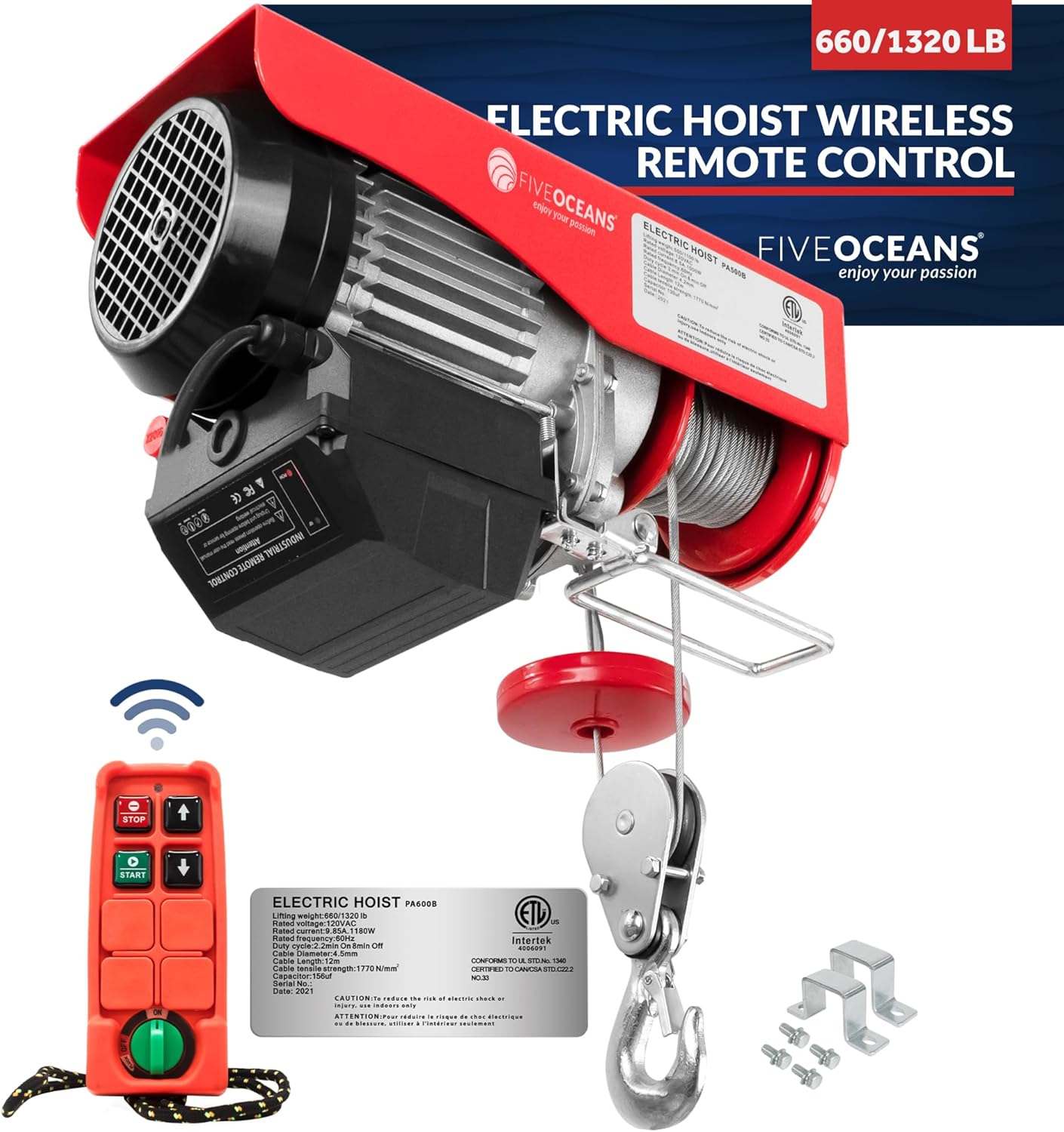 Five Oceans Electric Hoist, Hoist Pulley System, 1320 Lb Electric Winch with Wireless Remote Control 110 Volt - FO4403