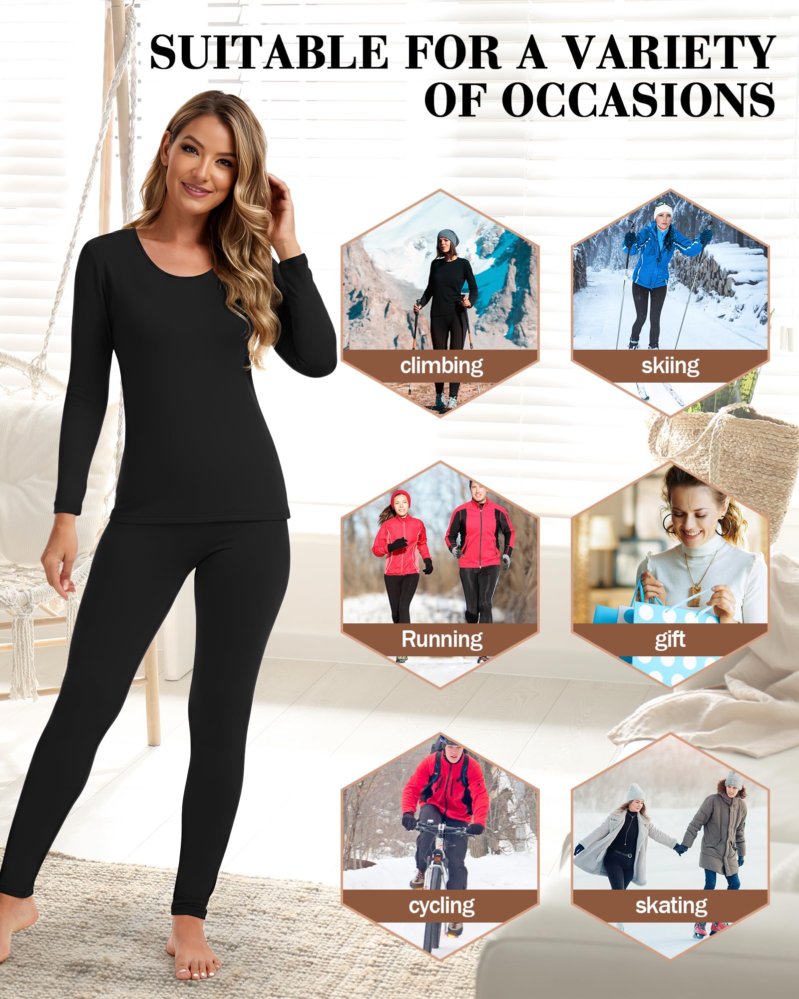 Patelai 3 Sets Thermal Underwear for Women with Fleece Lined Long Underwear Women Base Layer Cold Weather