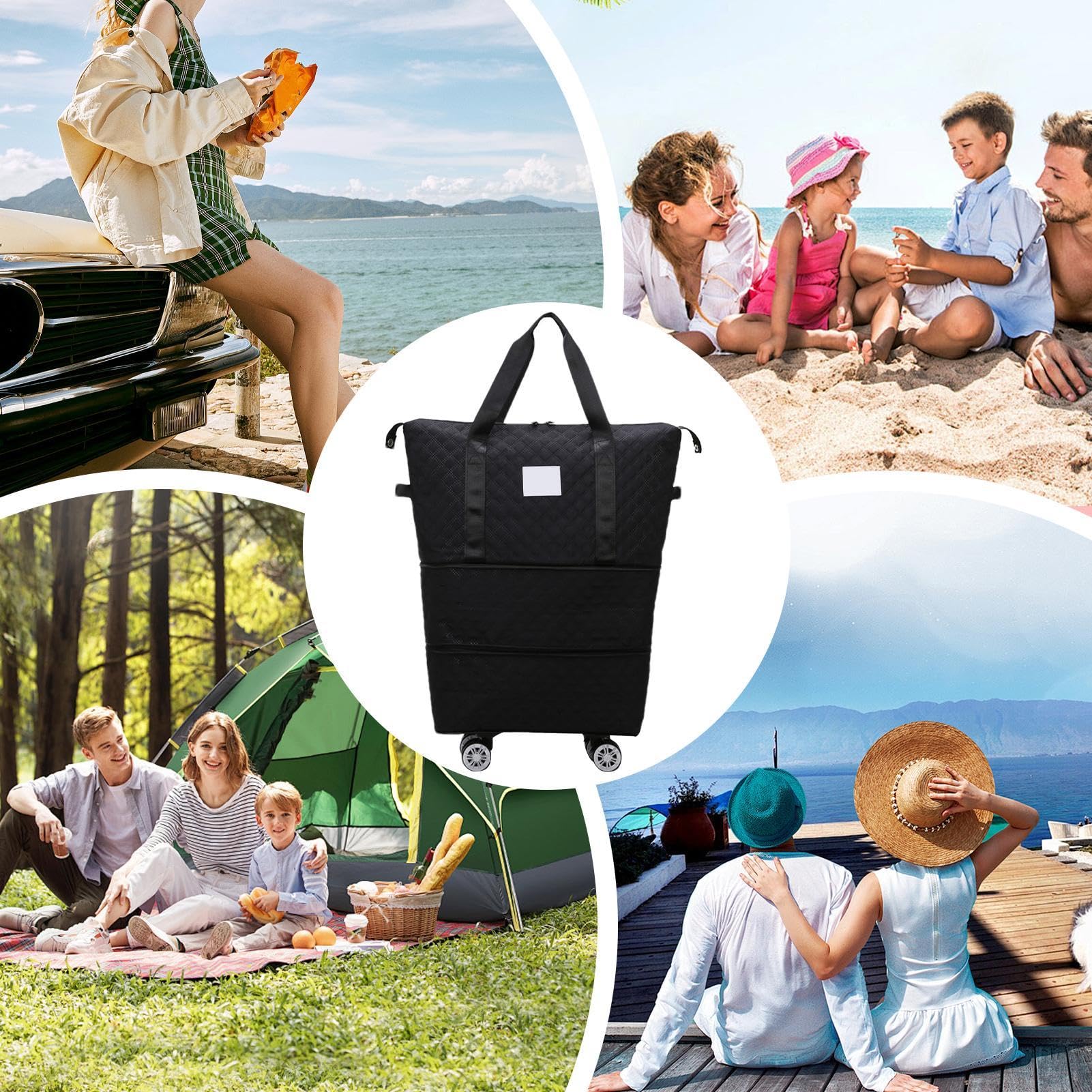 Bolsa de viaje plegable con ruedas, bolsa de viaje plegable con ruedas, equipaje de mano expandible, bolsa de lona de gran capacidad para esposa, padres, Black, Refer to , Unisex | equipaje de mano expandible, bolsa de de gran capacidad para esposa, padre