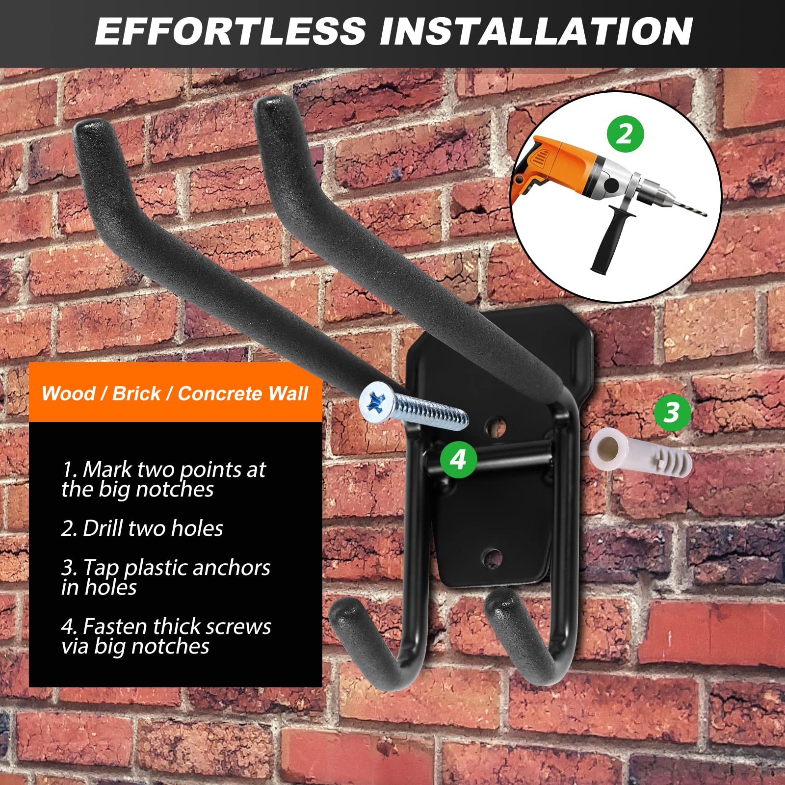 Odoland Kit de Support Rangement pour Skis Peut Contenir 4/2 Paires Snowboards, 4/2 Supports de Stockage Mural avec 8/4 Sangles en Velcro, Support Mural Skis pour Maison et Garage