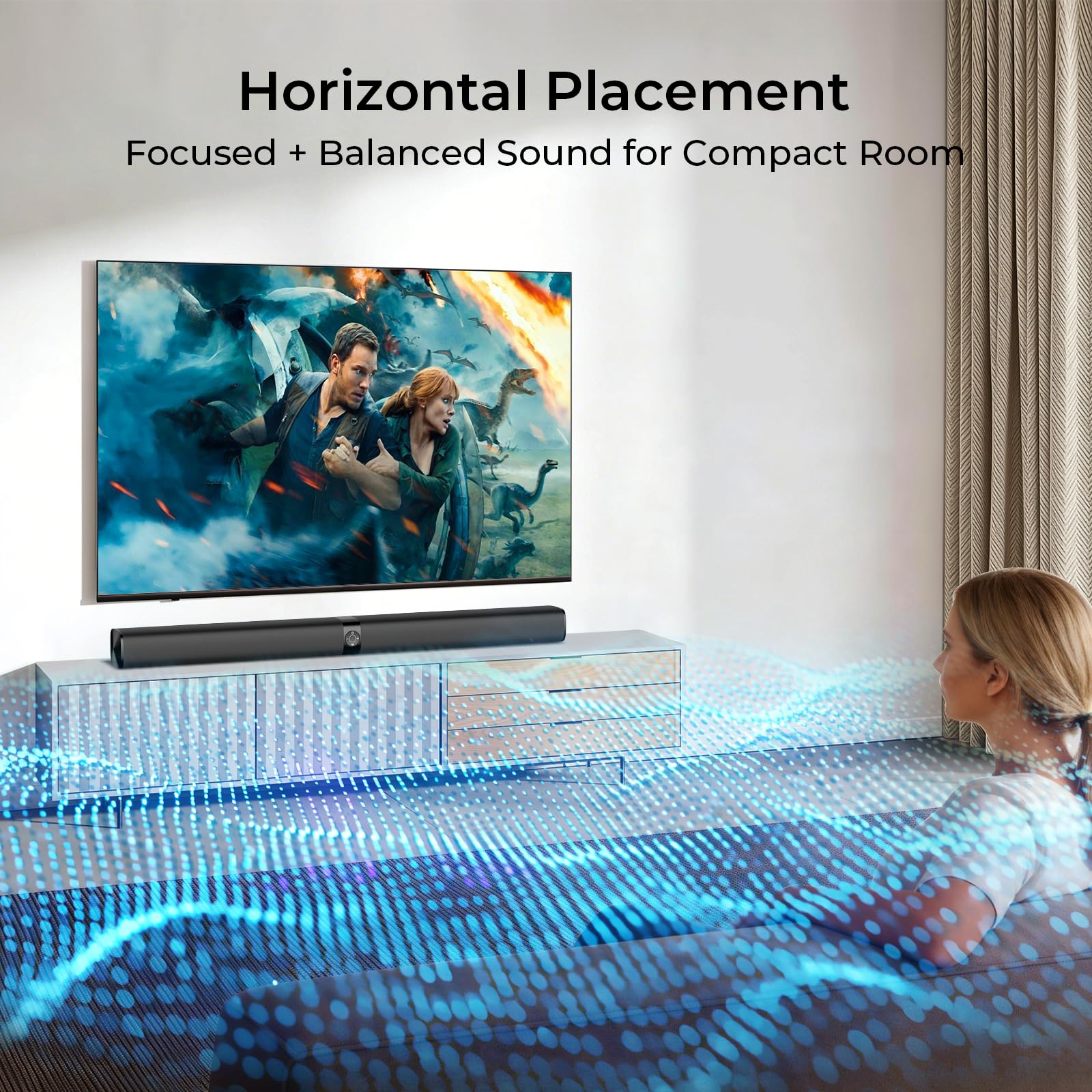 Sound Bar for Smart TV, Soundbar with Bluetooth/ARC/Opt/AUX Connect, Auto Volume Boost, 3 Equalizer Modes, 2 in 1 Detachable Soundbar for TV/PC/Gaming/Projectors