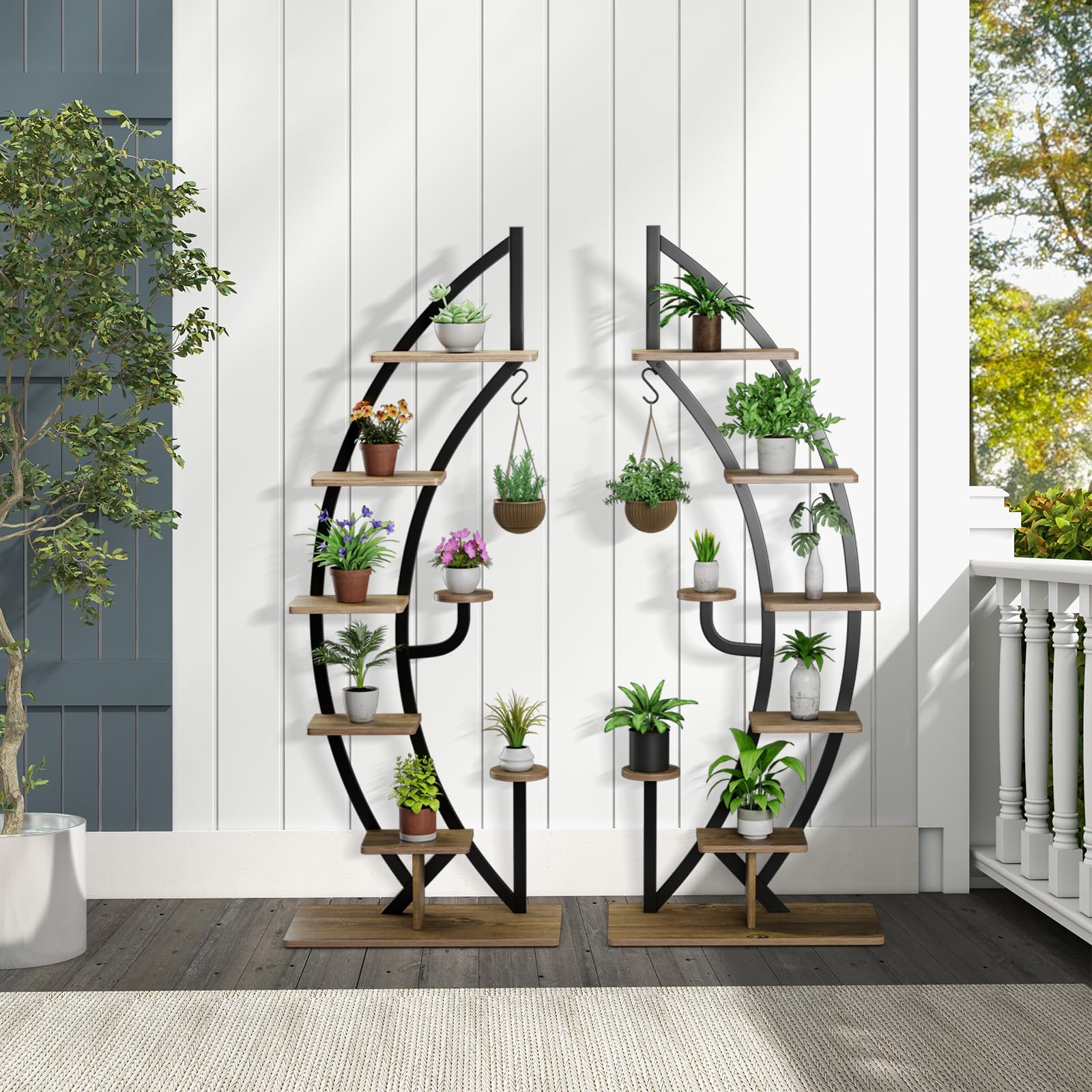GOPLUS Soporte para Plantas de Metal de 7 Niveles, Estante de Exhibición con Forma de Media Luna, Gancho y Dispositivo Antivuelco, Estantería Curvada para Salón Dormitorio Balcón (Negro-2 Piezas)
